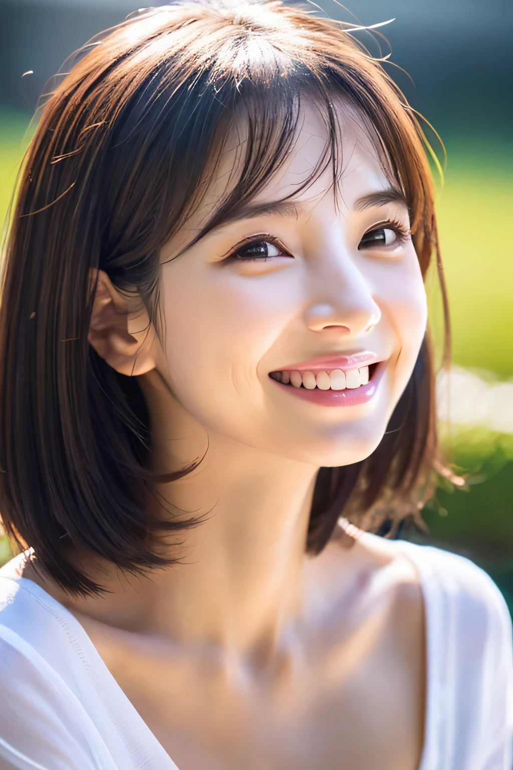 ８ｋ、High resolution、close-up image、high nose、narrow eyes、skinny、no makeup、the smile you show to your lover、sexy eyes、white skin、transparent skin、slimming、cute smile、wrinkles around the eyes、Vertical plane、transparent skin、Idol、short hair、shiny hair、Idol、small breasts、Lighting to illuminate the face