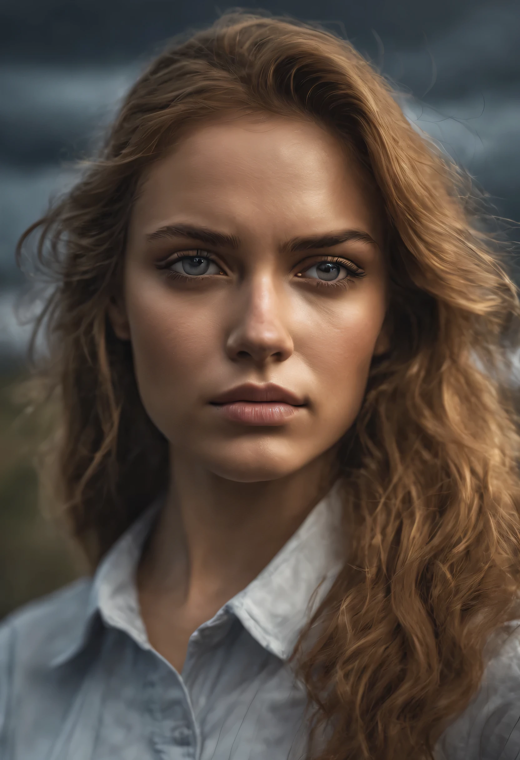 Ultra-realistic photograph of a young woman with a dynamic expression, captured with a Fujifilm GFX 100 and a 110mm f/2 lens. Photo realism, balanced studio lighting, capturing the drama and emotion in her intense gaze. Taken far from urban distractions, against the backdrop of a stormy sky. The intensity of her gaze mirrored in the brooding storm clouds. 8K resolution, HDR, highly detailed, RTX, cinematic lighting, Unreal Engine. --ar 2:3 --s 200