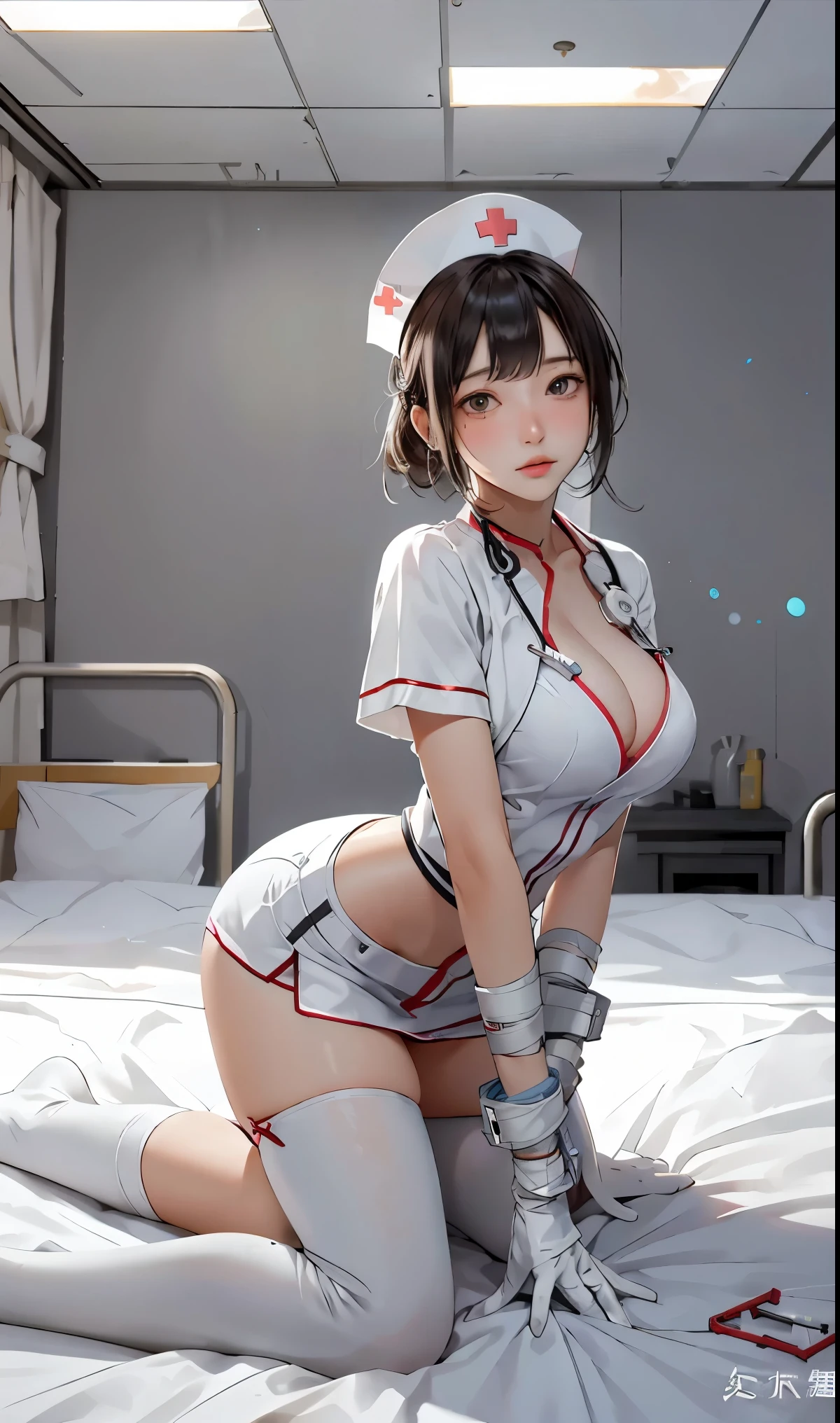 ((best quality)), ((master piece)), ((Realisticな)), (detailed), (Realistic:1.5),REX,(e female nurse),Bird Chart,非常にdetailed目と完璧な顔,美しいdetailed輝き,wearing a nurse cap,long flowing hair,floating,(full body photo),Panoramic Figure,full body photo,Mecha nurse girl sleeping,Please wear mecha combat uniform,short pants,short skirt,White wrinkles,mecha suit,Sleeping in a hospital bed,The main unit is plugged in with a charging wire,There are water drops in the potion bottle,Lifting needle,In the drip,,Wearing a medical stethoscope,sexy sleeping position,seductive pose,dynamic pose,dynamic shot,Show off your sexy figure,Show off sexy long legs,I can't believe it's so beautiful,Alloy Medical Cuirass,He had a lot of bandages wrapped around his waist.,Close the wound with a medical bandage,She wears sexy lace nurse pants,Wearing pink Gundam Race Nurse Pajamas,brown hair,Semi-mechanical pajamas,Nurse Hat,black lenth stockings,Sexy Mecha Medical Machine Set,latex zentai,Black silk big breasts,Next to it, there are many medical surgical tools and medicines.。,Next to it is a huge cross-shaped medicine box.,In a hospital operating room bed,,8K Original,(luminescent particles:1.4),(非常にdetailedCG,unity 8k wallpaper,3D,cinematic lighting,lens flare glow),reflector,sharp focus,cyberpunk art,Cyberpunk buildings