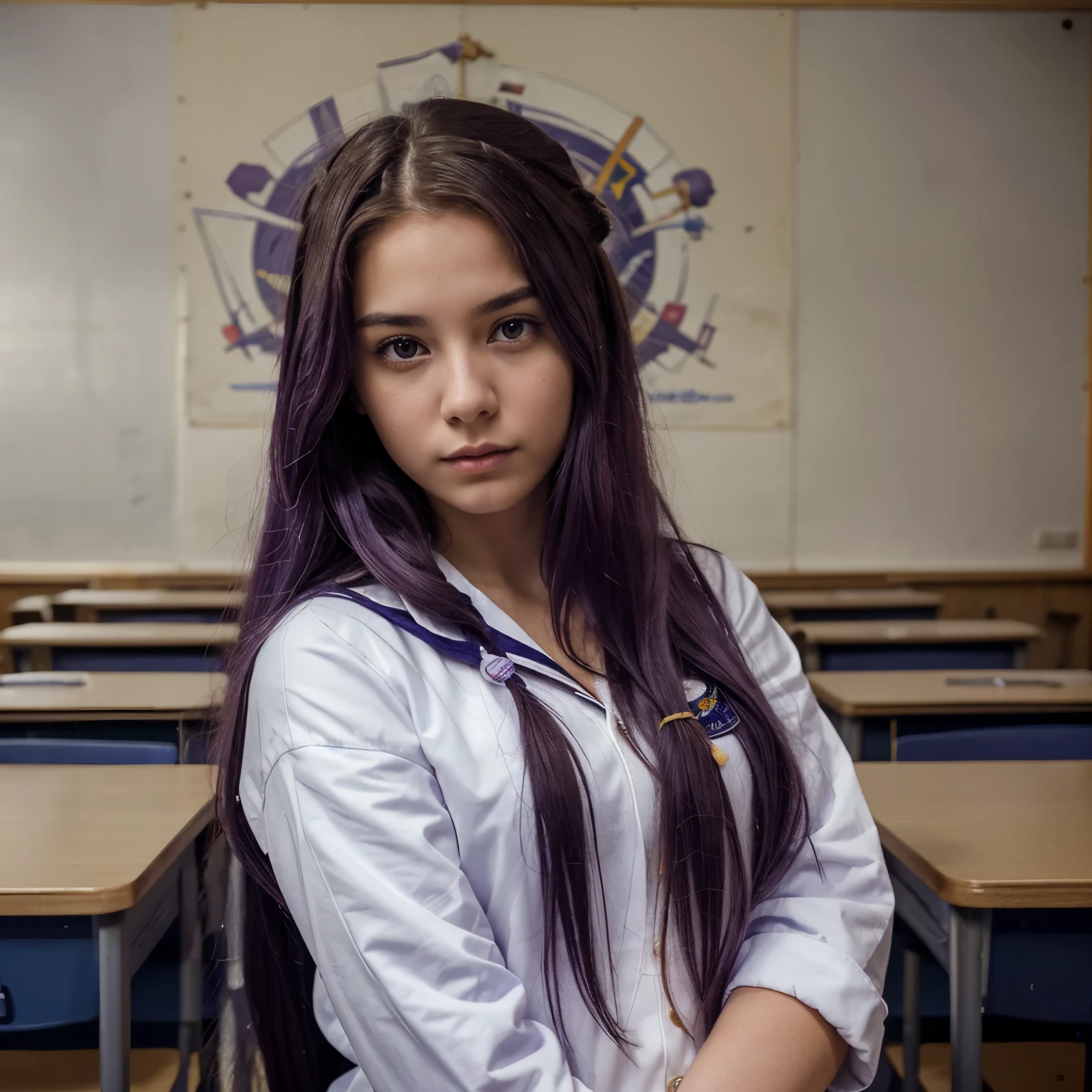An eighteen-year-old young woman with long purple hair in a sailor suit sits in a classroom (school 1.5 in the background) (expression serious, cold 1.5) (best quality: 1.1) (masterpiece: 1.3) with an unparalleled masterpiece, surreal 8K, perfect artwork, super detail, best quality, masterpiece 4K wallpaper aesthetics, masterpiece, award-winning artwork, official art, cinematic lighting