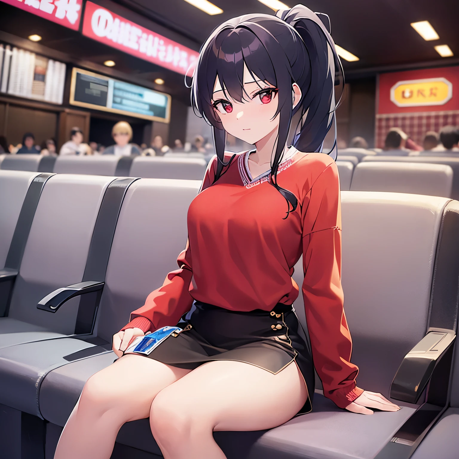 Upper Body, shiny skin, japanese idol、shiny hair、(25 year old woman with black bangs) and (ponytail) and (red eyes), wearing a long-sleeved red shirt, confused, The background is movie theater seats、sitting