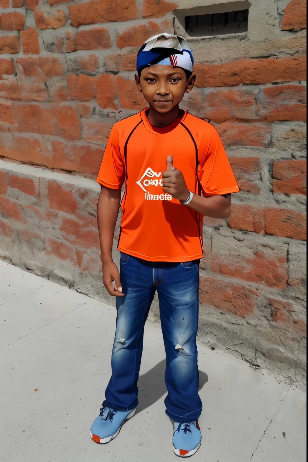 there's a boy standing on the sidewalk giving a thumbs up, by Amélia Peláez, imagem de qualidade muito baixa, 😃😀😄☺🙃😉😗, vestindo uma camiseta laranja, powder Nándor Katona, carmelo blandino, by Almeida Júnior, vestindo uma camiseta laranja