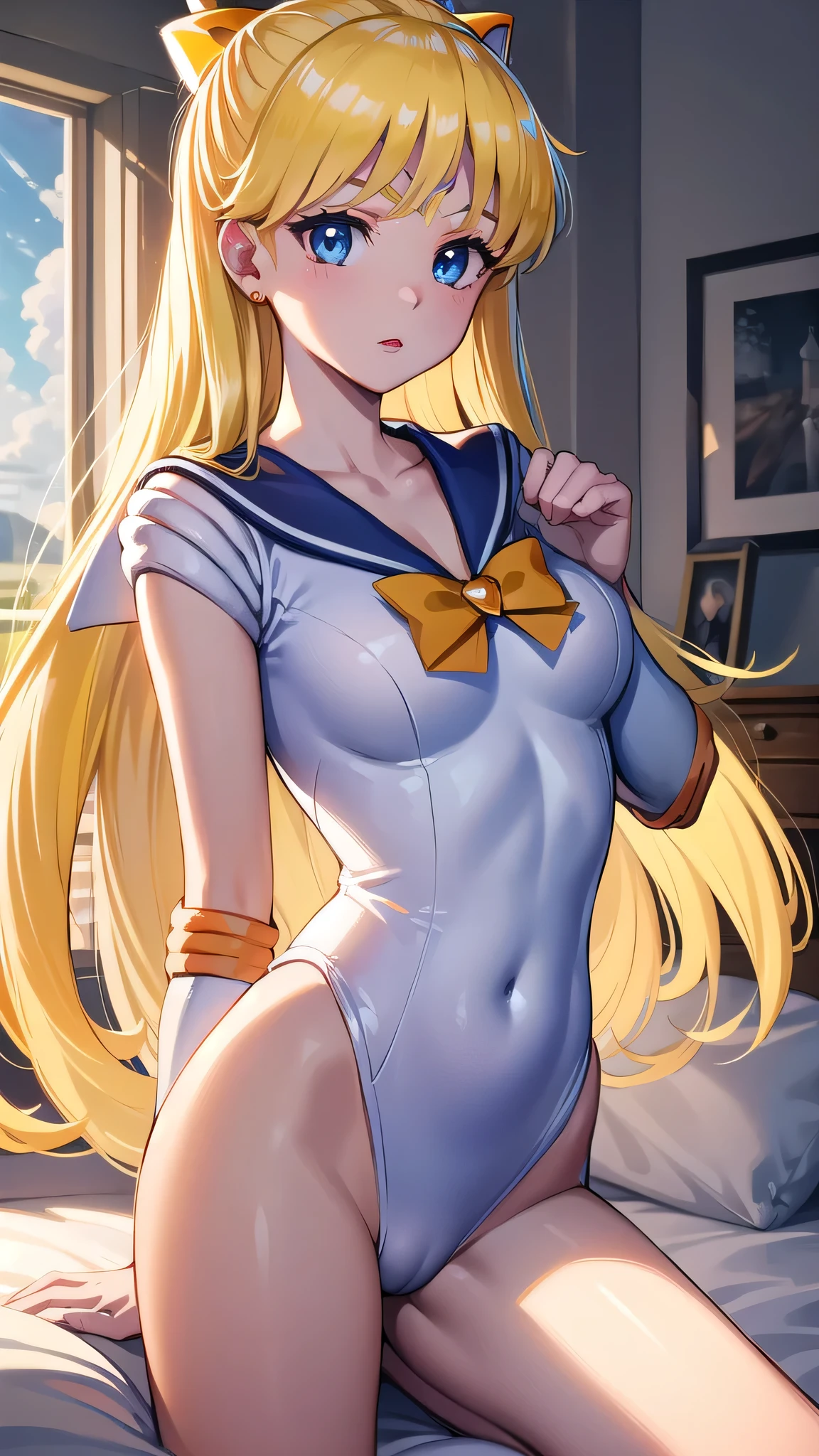 (A superb exquisite Sailor Venus), (Sailor Venus:1.5), (aino minako), (Sailor Senshi Uniform), (red ribon), blue eyes, Yellow hair, natural straight hair, straight bangs, solo, nature, extremely delicate, straight facial features, peerless beautiful girl, soft, (sensual face), ((ecchi face)), dreamy quality, exaggerated facial features, solid color, frank holly, delicate face, bright lips, slender waist, soft curves, real light and shadow, super fine, 4k, natural moving, Ultra high resolution, (masterpiece:1.2, best quality), (finely detailed beautiful eyes: 1.2), (beautiful detailed face), sexy nude model, sexy pose, (midium chest), (Perfect Body Proportions), (bedroom), Mekosuji, Spread your legs a little and show off your crotch,