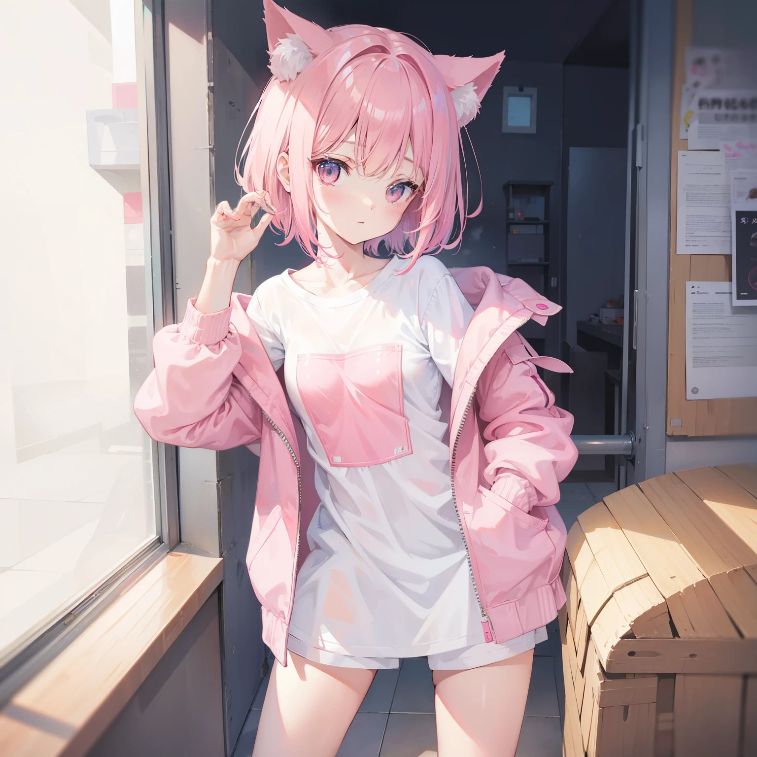 NSFW,Transparent pink short hair，small breasts、Milky ultra light pink clothes，light pink student，super cute sweet girl、1 girl、Childish clothes、Cat ear