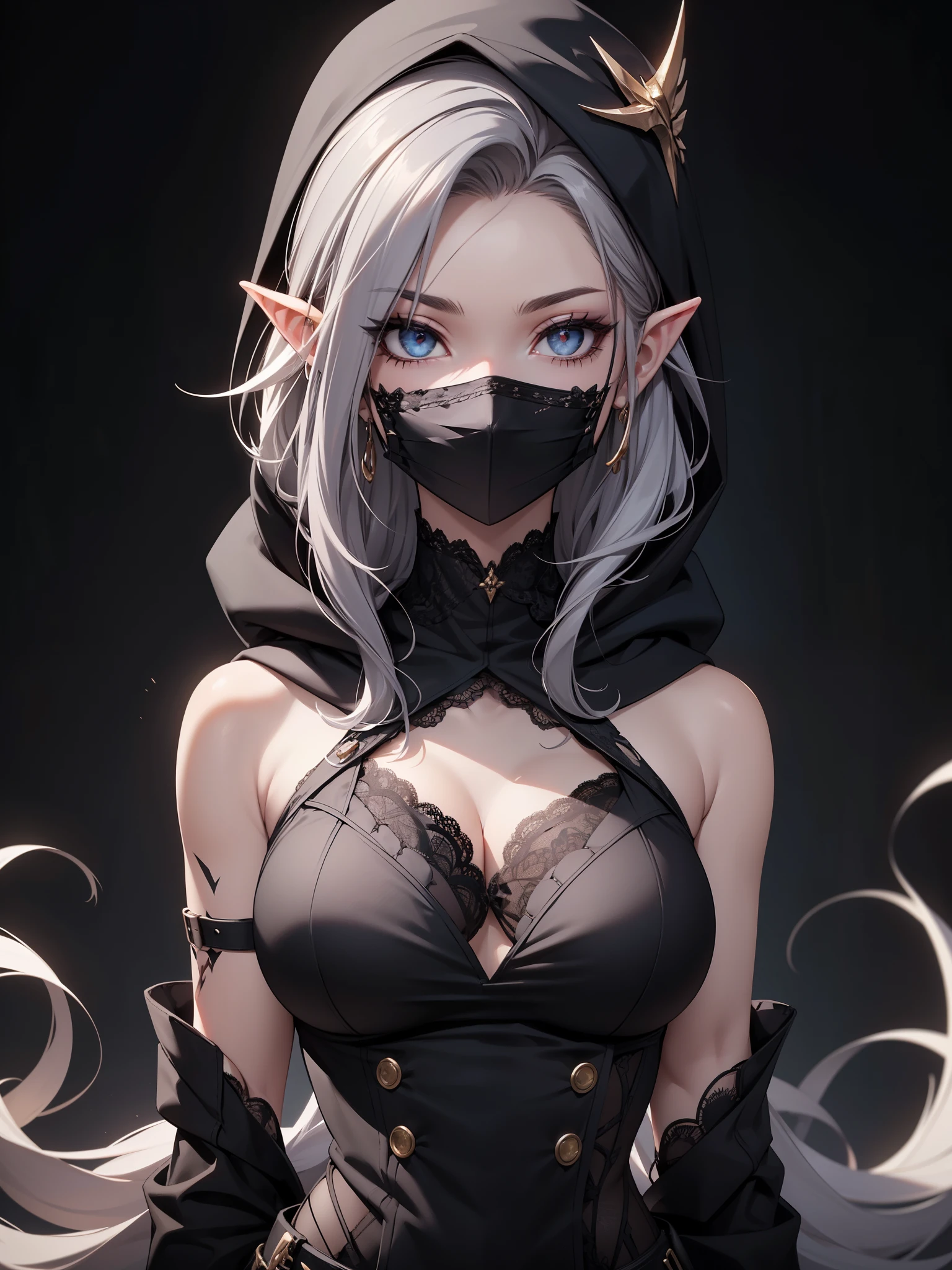 White elf girl, dark grey hair color, very long flowing hair, grey eye color, small eyes, realistic human eye shape, round eye shape, eyeliner, realistic face shape. black lace low cut lace shirt, portrait, wearing a black hood, black background, chest showing, NSFW, Depth of Field. looking at camera, dreamy look detailed eyes, detailed face, detailed skin, Ultra Detailed, Beautiful and Aesthetic, Masterpiece, Best Quality, shoulders showing. lace fabric, round chin shape. wearing black hood over hair. showing full upper body and face. wearing a black hood. hips showing, alot of flairs in background, zoomed out, hips exposed, black and gold. glowing, wearing a black face mask.