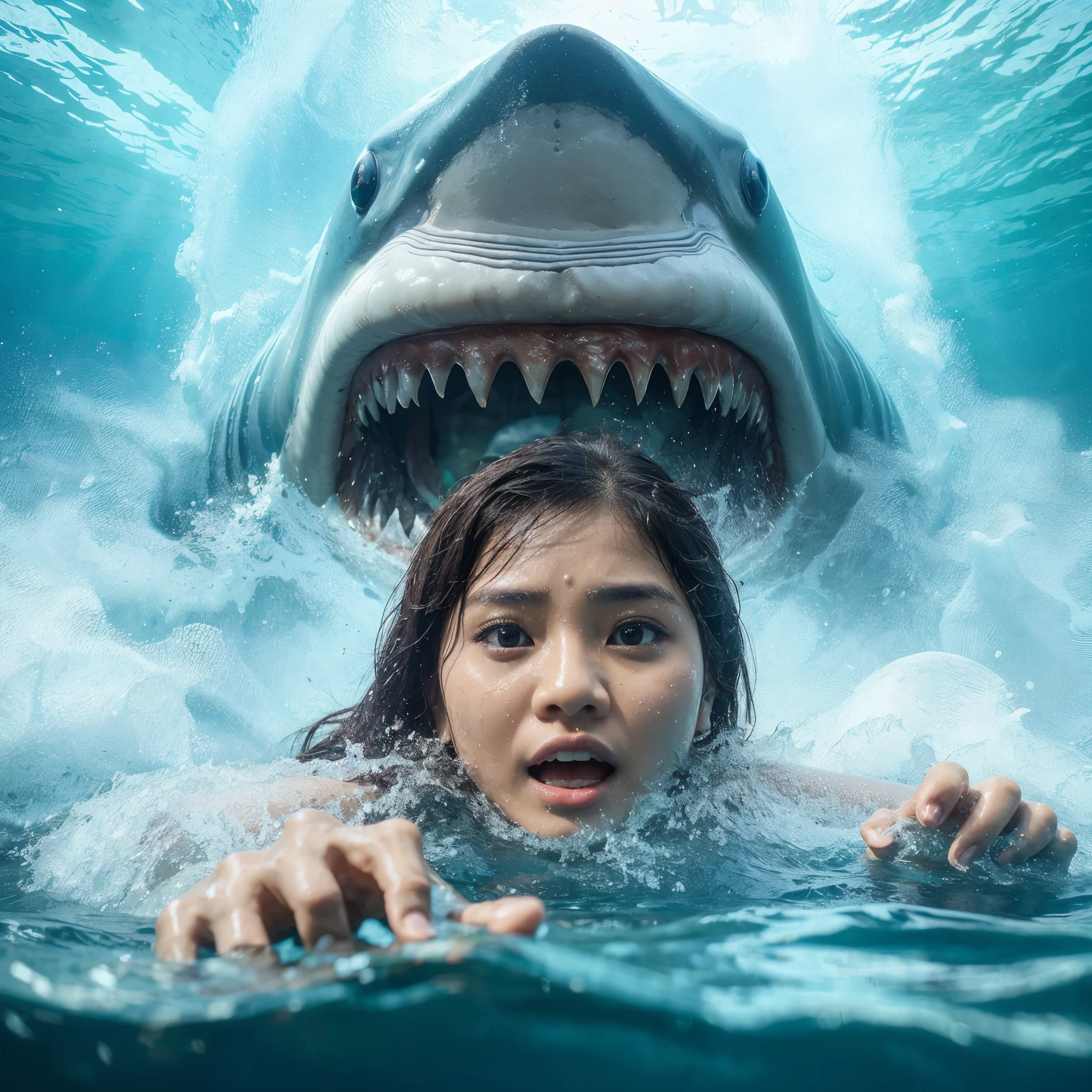 Seorang wanita, sedang ketakutan dikejar ikan hiu raksasa, wajah ketakutan, berenang, sangat jelas, sangat nyata, 8k, ultra HD