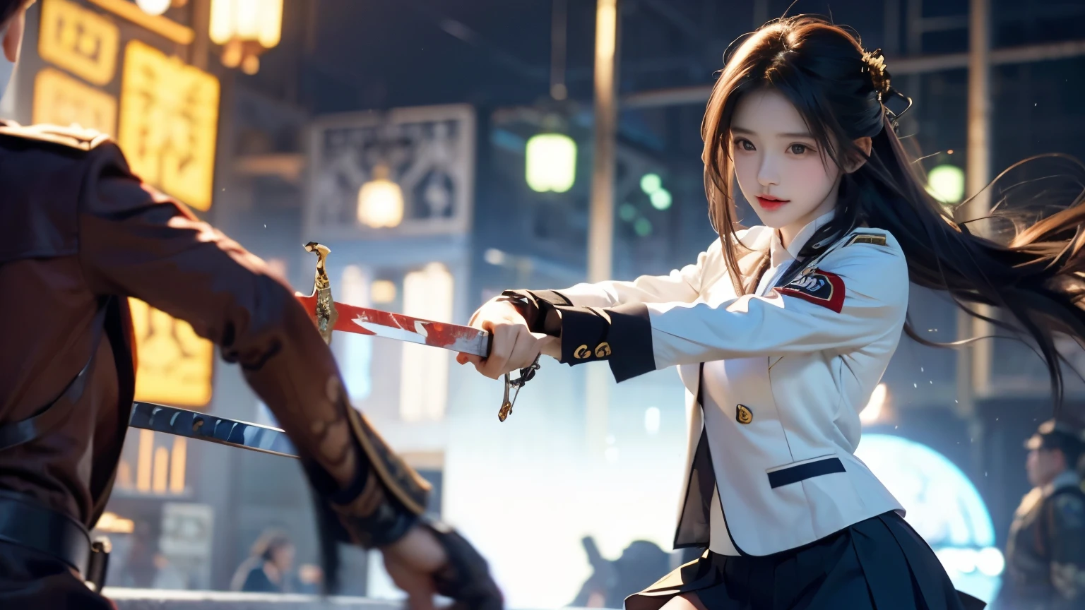 A beautiful girl in military uniform and a man in a suit are fighting、Beautiful girls are dominant、A girl cuts a man with a sword、super model girl、miniskirt military uniform、Perfect build、Overwhelming power、blood flows from a man、Killing each other、Kill formations、A girl who feels superior、battlefield、On the one hand, girls have an advantage.、massacre、