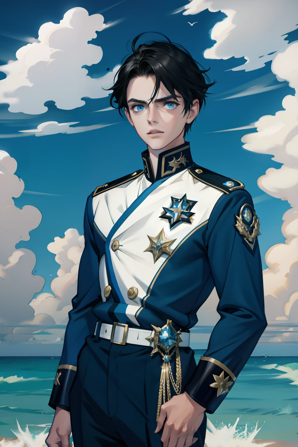 (masterpiece, best quality), 1 male, teen, aged up:1.4, tall muscular guy, broad shoulders, finely detailed eyes and detailed face, extremely detailed CG unity 8k wallpaper, intricate details, Fantasy, royal, nobleman, Admiral, short hair, dark hair, blue eyes, fleet commander, navy, commander, white uniform, ocean, cloudy sky, wave, pokemon trainer