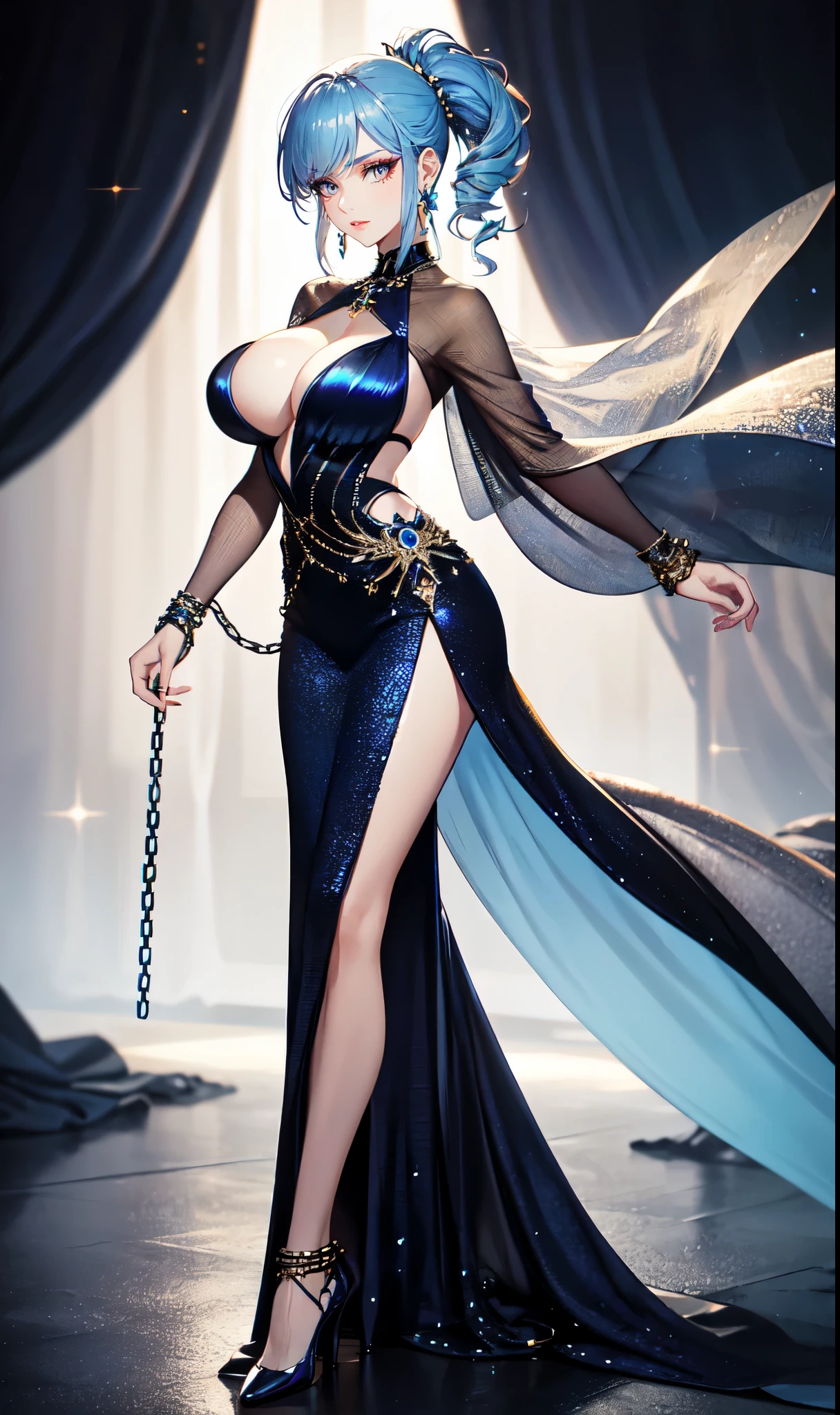 Prom background,Night dance ,Long silver-blue hair,Low ponytail,Standing close-up,dream world,Royal sister,Chains and shackles on the body,(Elongated danphoenix eyes,eye shadow,long eyelashes),Messy hair,Elongated danphoenix eyes,eye shadow,Contact lenses,(sequin dress,Gorgeous and extremely revealing gown,A large number of expensive jewelry,The shackles on the body:2.0),(big breast)ballroom background,(Soft light and shadow:1.9),Intricate body jewelry,High heeled dancing shoes,Detailedly drawn backgrounds