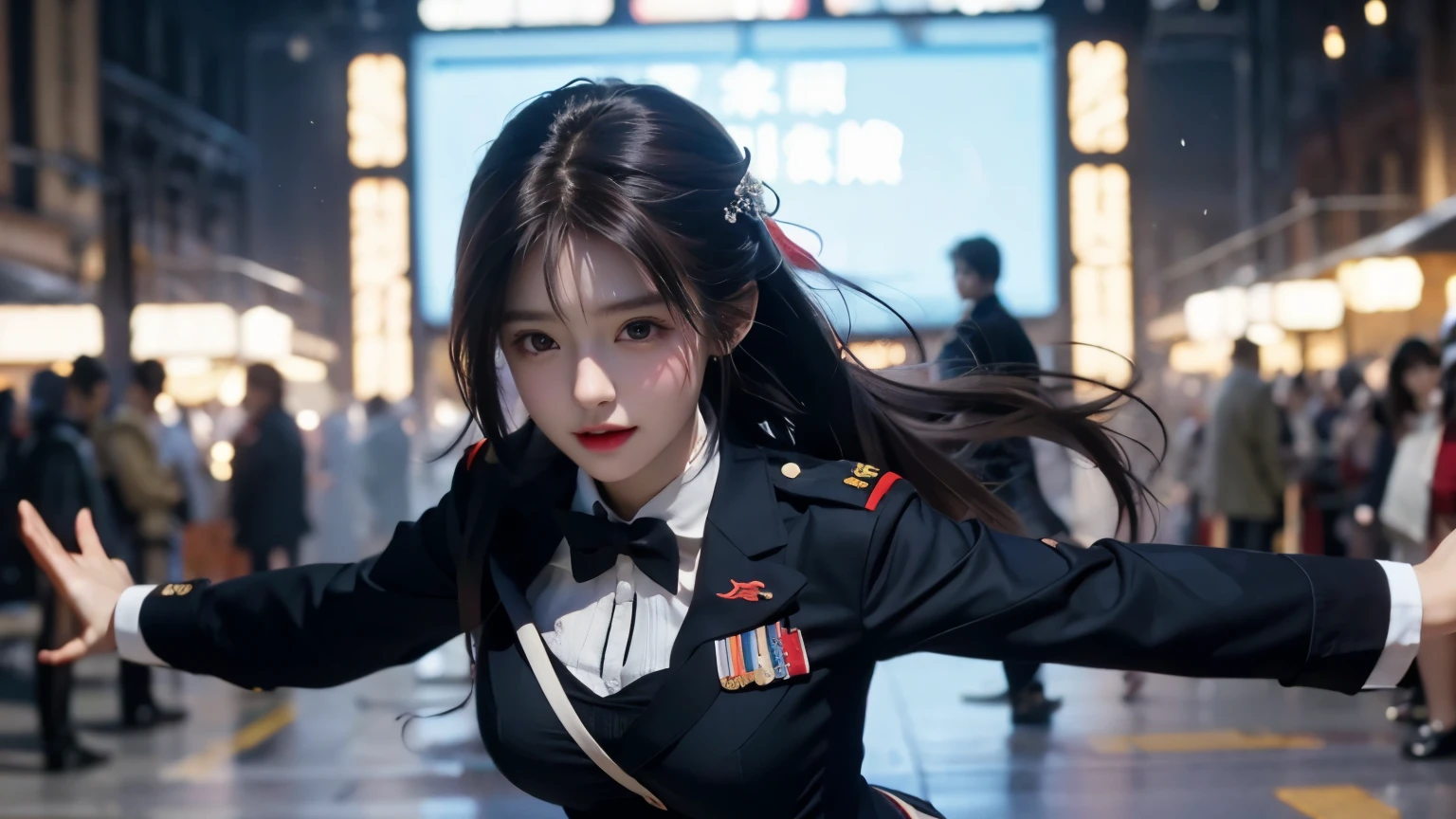 A beautiful girl in military uniform and a man in a suit are fighting、Beautiful girls are dominant、A girl cuts a man with a sword、super model girl、miniskirt military uniform、Perfect build、Overwhelming power、blood flows from a man、Killing each other、Kill formations、A girl who feels superior、battlefield、On the one hand, girls have an advantage.、massacre、