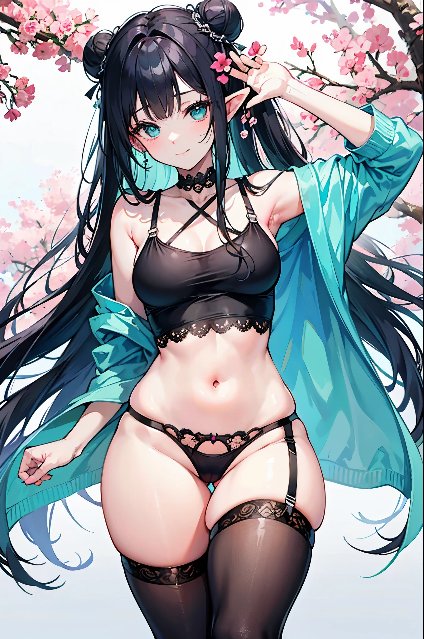 realistic image, coherent image, detailed image, 1 beautiful elf, She has black hair, long, silky and loose hair with a bun, turquoise eyes, her face is oval and delicate, smiling happily, She is wearing a transparent tank top, thin thong, mid-thigh stockings with garter belts. She has a curvy body, small breasts, thick thighs, surrounded by flowers, surrounded by trees,