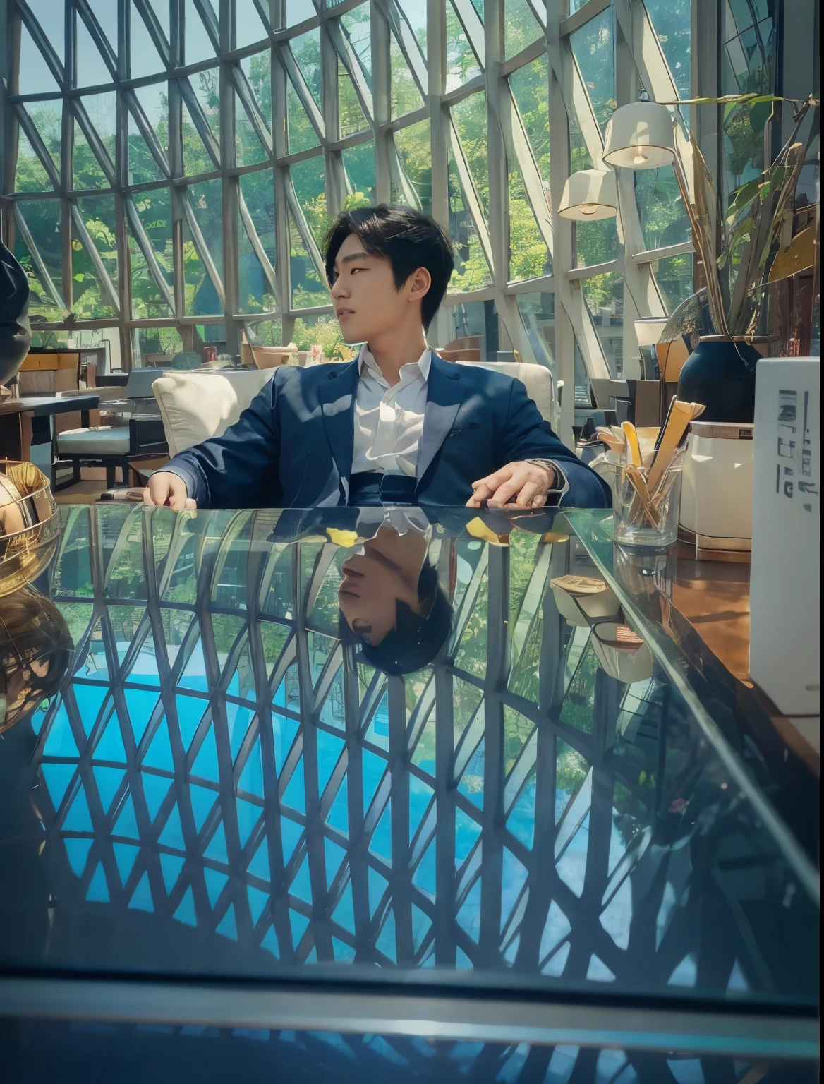 Cute Korean animeboy classy photo best quality 8k resolution hyper realistic image with nice hair face and shadow on the table