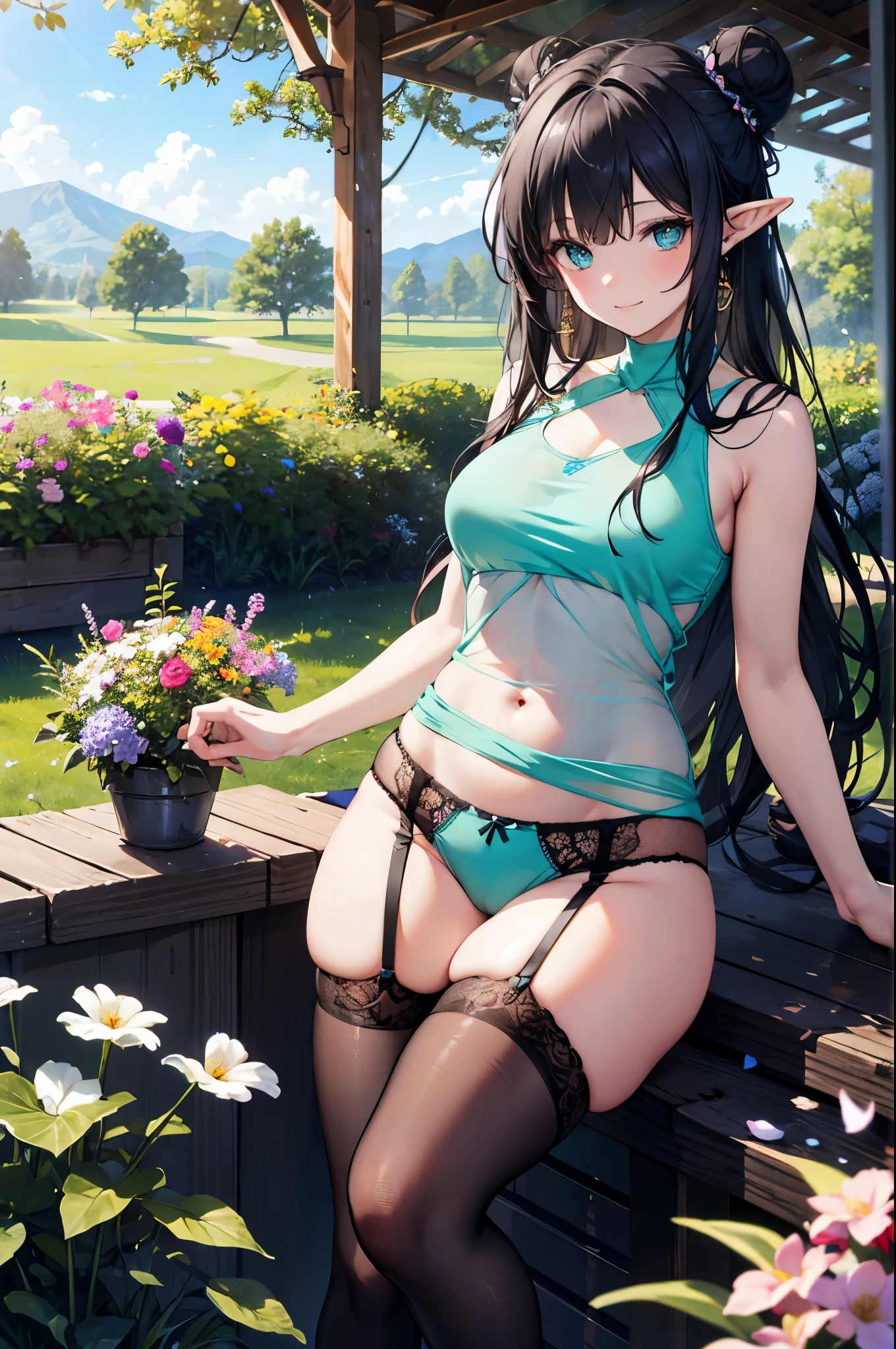 realistic image, coherent image, detailed image, 1 beautiful elf, She has black hair, long, silky and loose hair with a bun, turquoise eyes, her face is oval and delicate, smiling happily, She is wearing a transparent tank top, thin thong, mid-thigh stockings with garter belts. She has a curvy body, small breasts, thick thighs, surrounded by flowers, surrounded by trees,