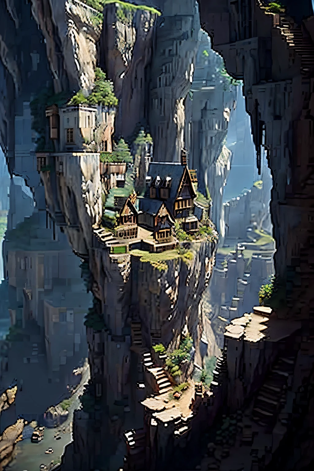 house built on a cliff、fantasylandscape