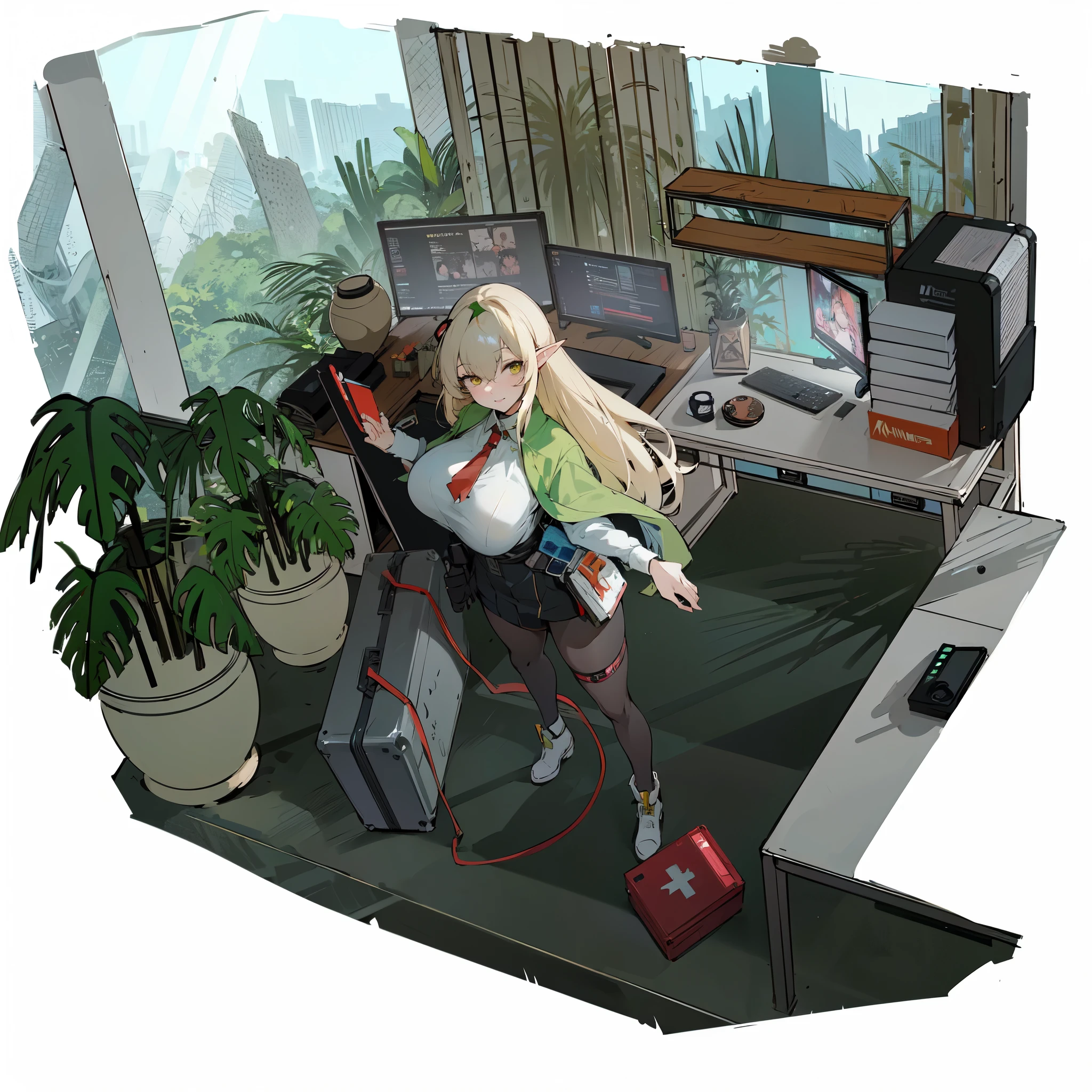 anime - style illustration of an elf woman in an office with computers and plants, microscope on the table, suitcase, red first aid box, from girls frontline, girls frontline cg, girls frontline style, girls frontline universe, fine details. girls frontline, cyberpunk ikea, m4 sopmod ii girls frontline, cushart kenz, girls frontline, from arknights, cyberpunk anime girl mech, trending on artstation pixiv, digital cyberpunk anime art