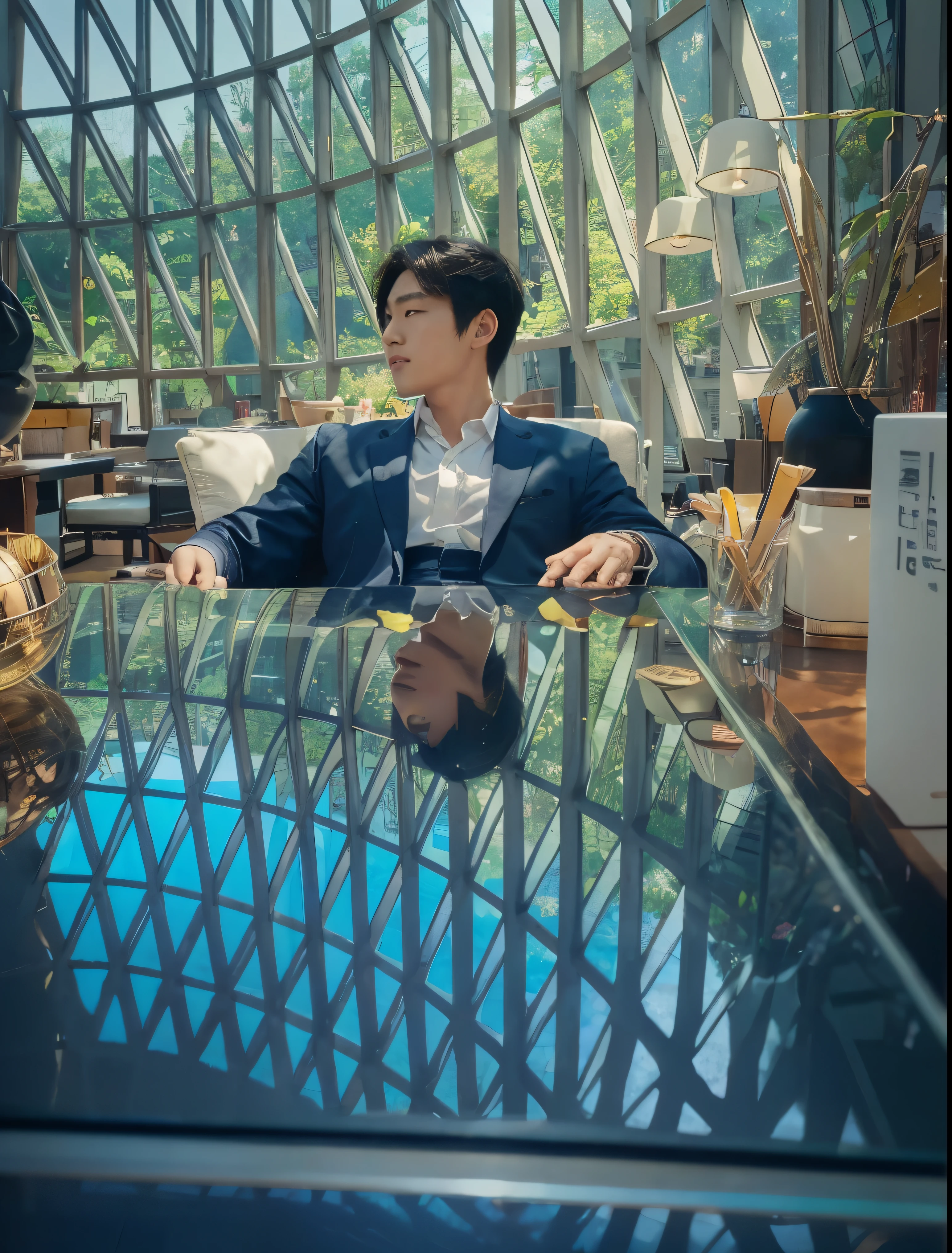 Cute Korean animeboy classy photo best quality 8k resolution hyper realistic image with nice hair face and shadow on the table 