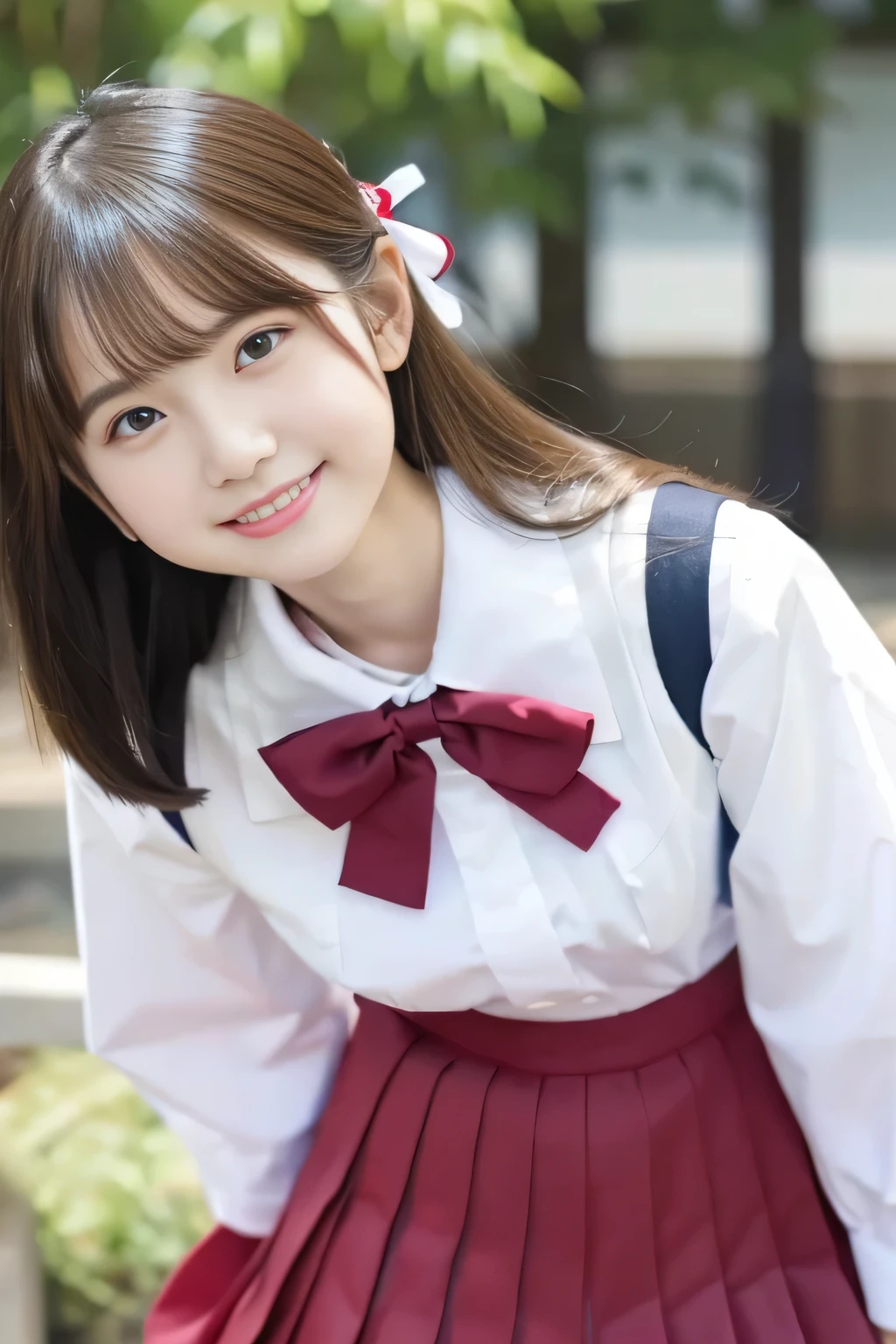 Japan girl at 16 years old、Lean forward and look into the camera、close up of face、clear white skin、smile、high school uniform、white shirt、Navy blue pleated skirt with dark red ribbon、Lean forward and look into the camera、Low angle shooting