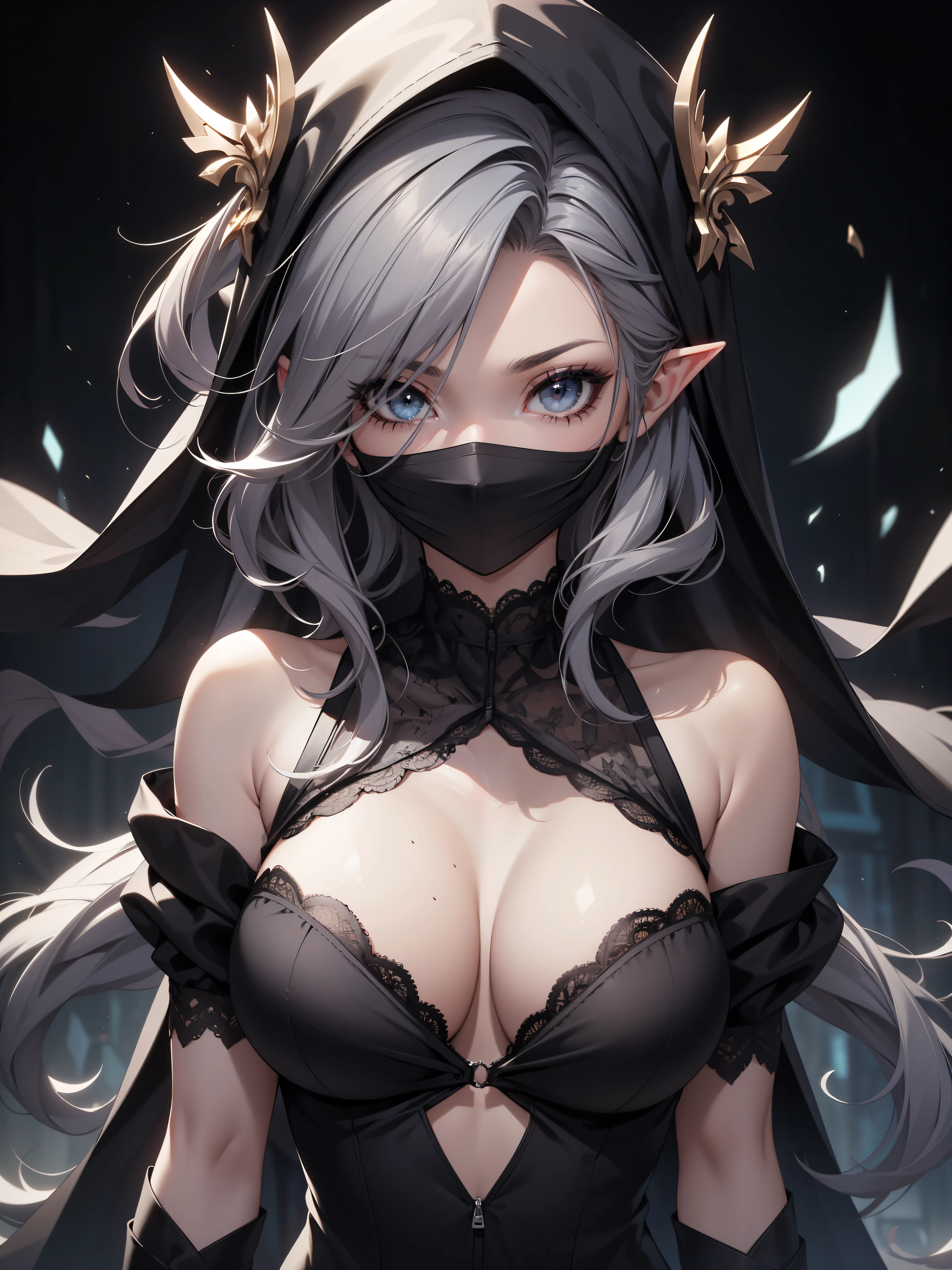White elf girl, dark grey hair color, very long flowing hair, grey eye color, small eyes, realistic human eye shape, round eye shape, eyeliner, realistic face shape. black lace low cut lace shirt, portrait, wearing a black hood, black background, chest showing, NSFW, Depth of Field. looking at camera, dreamy look detailed eyes, detailed face, detailed skin, Ultra Detailed, Beautiful and Aesthetic, Masterpiece, Best Quality, shoulders showing. lace fabric, round chin shape. wearing black hood over hair. showing full upper body and face. wearing a black hood. hips showing, alot of flairs in background, zoomed out, hips exposed, black and gold. glowing, wearing a black face covering.