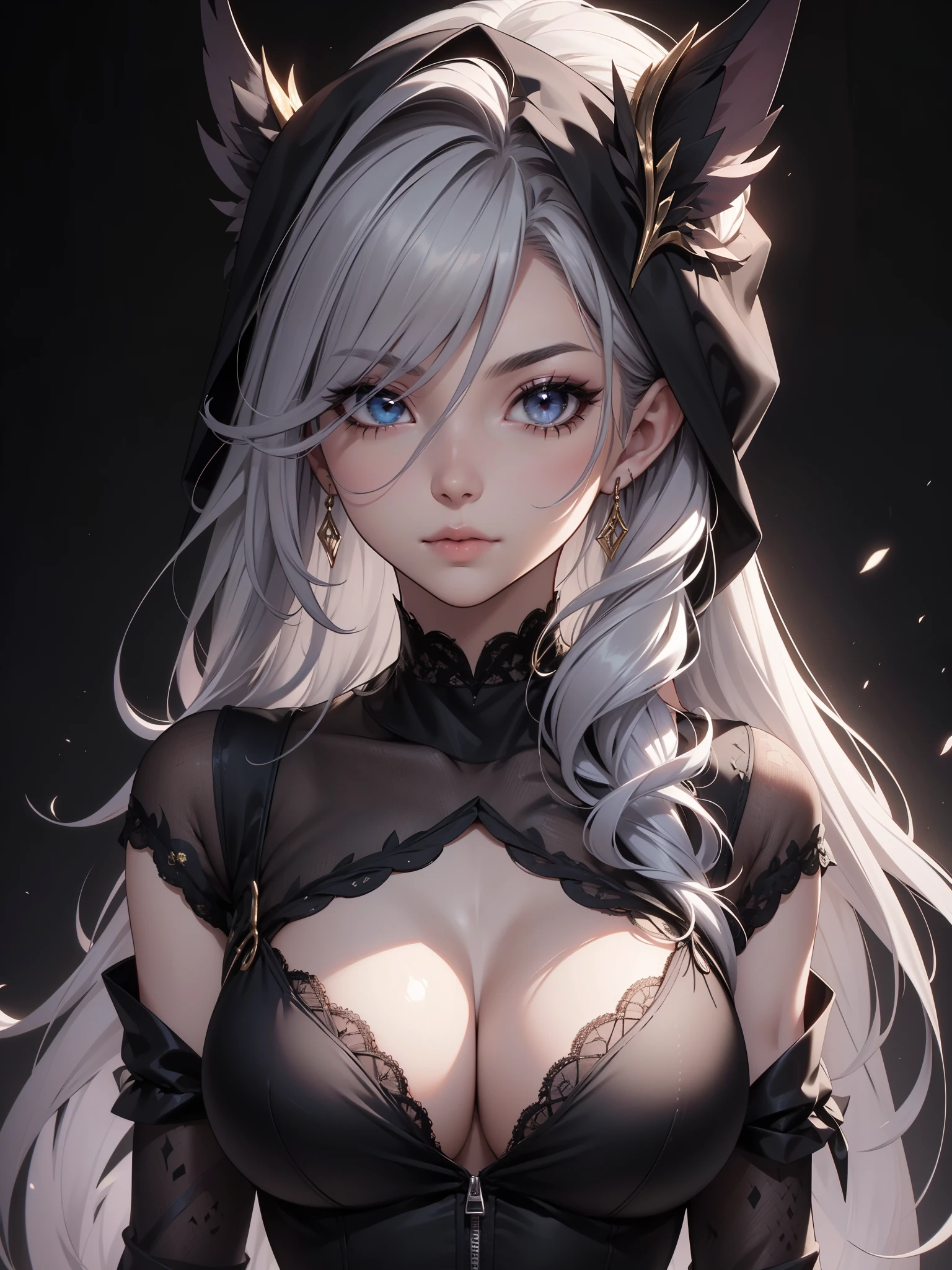 White elf girl, dark grey hair color, very long flowing hair, grey eye color, small eyes, realistic human eye shape, round eye shape, eyeliner, realistic face shape. black lace low cut lace shirt, portrait, wearing a black hood, black background, chest showing, NSFW, Depth of Field. looking at camera, dreamy look detailed eyes, detailed face, detailed skin, Ultra Detailed, Beautiful and Aesthetic, Masterpiece, Best Quality, shoulders showing. lace fabric, round chin shape. wearing black hood over hair. showing full upper body and face. wearing a black hood. hips showing, alot of flairs in background, zoomed out, hips exposed, black and gold. glowing, wearing a black face covering.
