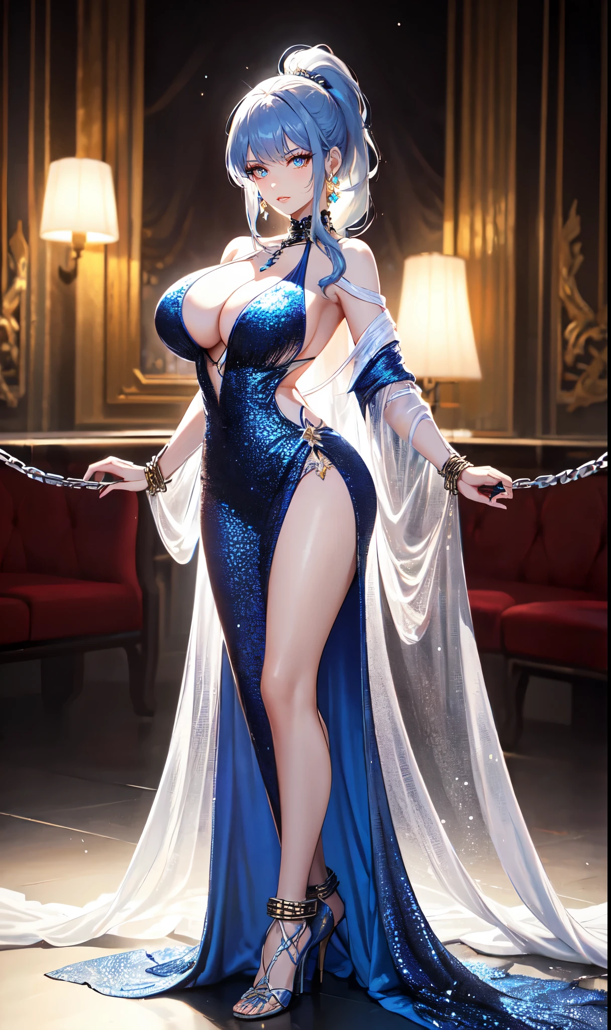 Prom background,Night dance ,Long silver-blue hair,Low ponytail,Standing close-up,dream world,Royal sister,Chains and shackles on the body,(Elongated danphoenix eyes,eye shadow,long eyelashes),Messy hair,Elongated danphoenix eyes,eye shadow,Contact lenses,(Sequined off-the-shoulder gown,Gorgeous and extremely revealing gown,Backless,The shackles on the body：2.0),(big breast)ballroom background,(Soft light and shadow：1.9),Intricate body jewelry,High heeled dancing shoes,Detailedly drawn backgrounds