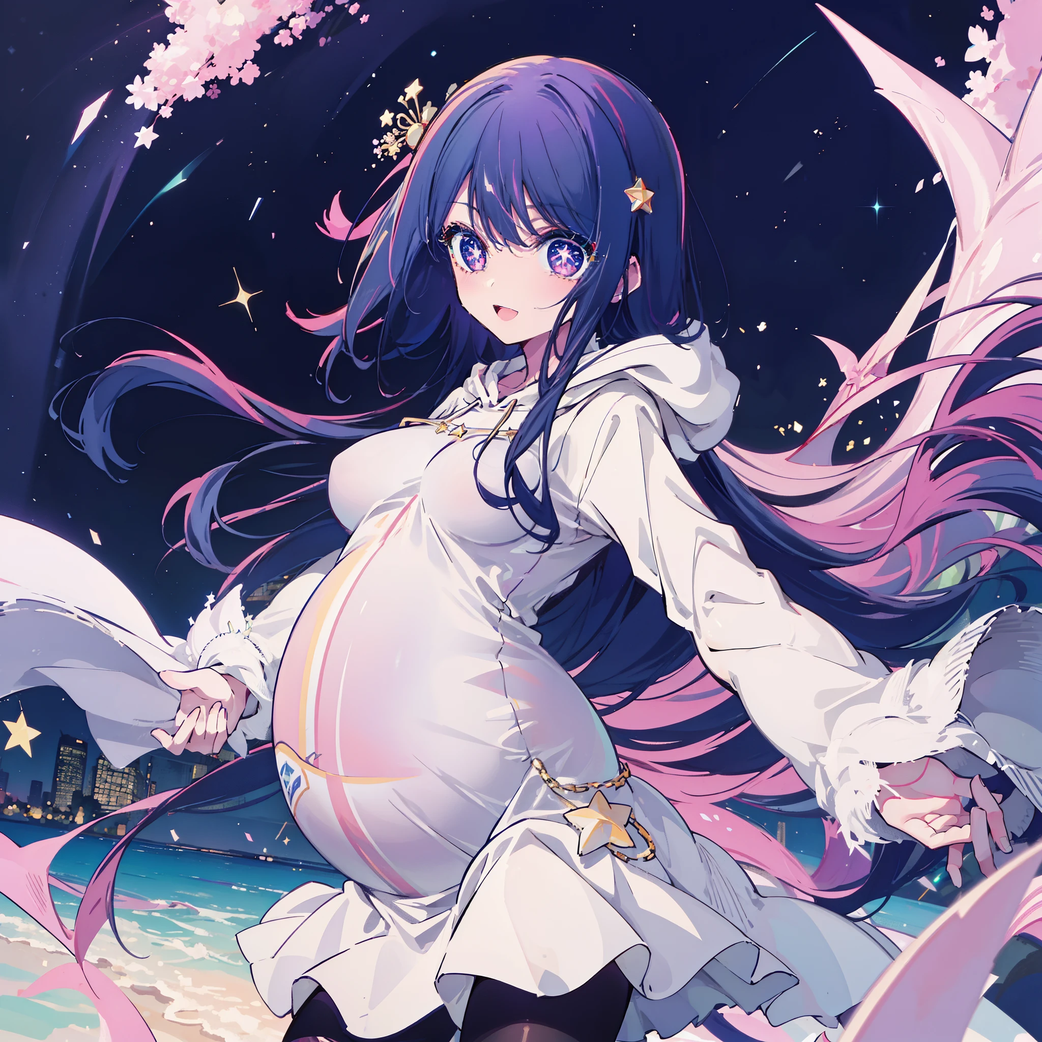 ((Masterpiece, Best Quality)),
stand in center of screen,(from head to shin),
1girl, Ai Hoshino,shiny skin,
(Hoodie),Open white coat,
(impossible clothes,silhouette),
(Stars in the Eyes,sparkle in the eyes,
clear eyes, beautiful six-pointed star eyes),
((colossal breasts, pregnant)),open mouth,smile,
black pantyhose,(hair ornaments),
City,street,(from front),