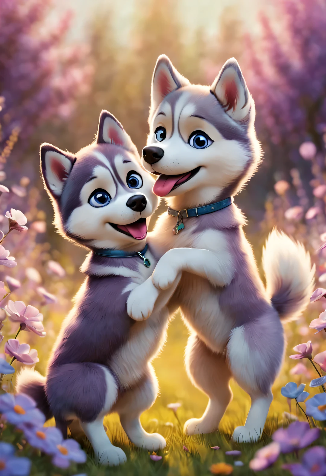 Two huskies standing upright on their hind legs,Hugging each other in a field full of flowers.Front view. One has realistic purple fur,The other one has blue fur. Pixar,hapiness的, brisk, whimsical, pastel colors, soft light, dreamlike,Very detailed, complex, art station, Trends on social media, Lovely, Lovely, hapiness, hapiness, playful. --There are 4:7 --iw 1 --q 2 --s 750 --v 5.1