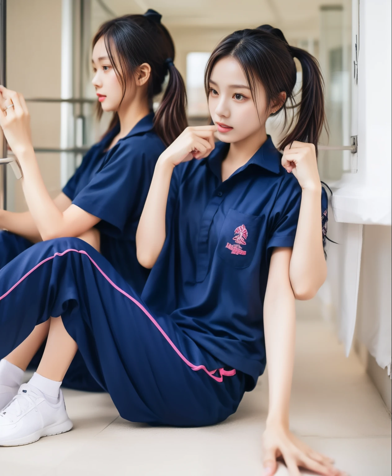 3 girls in fitness center, Navy blue short-sleeved shirt,Navy Long Trackpant,Sweatpants, Sweatpantsขายาว,25 year old girl, lesbian, sexy, exercise clothes, wet body, exercise clothes
