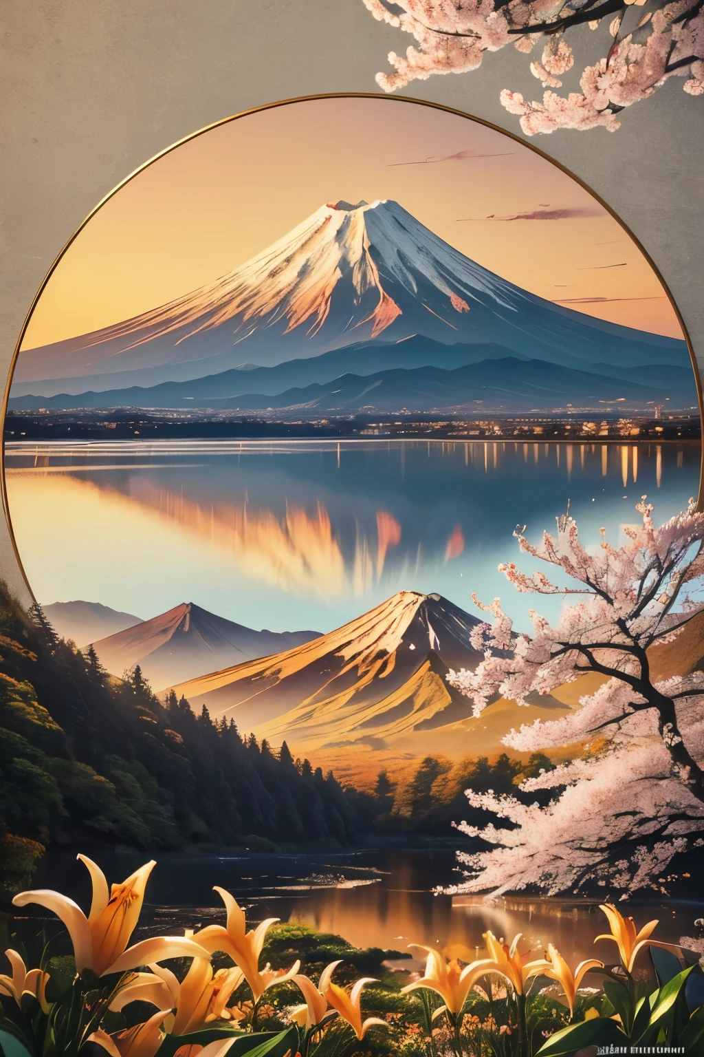 best quality, cherry blossoms on the top left of the canvas, orange lilies on the bottom right of the canvas, and Mt. Fuji in the circular golden grid in the center