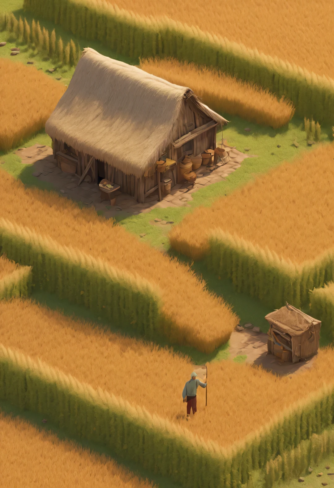 Isometric rendering of wind blowing through wheat field, heavy wheat ears, personal computer, comfort,octane rendering,a small thatched house, An old man is picking wheat ,