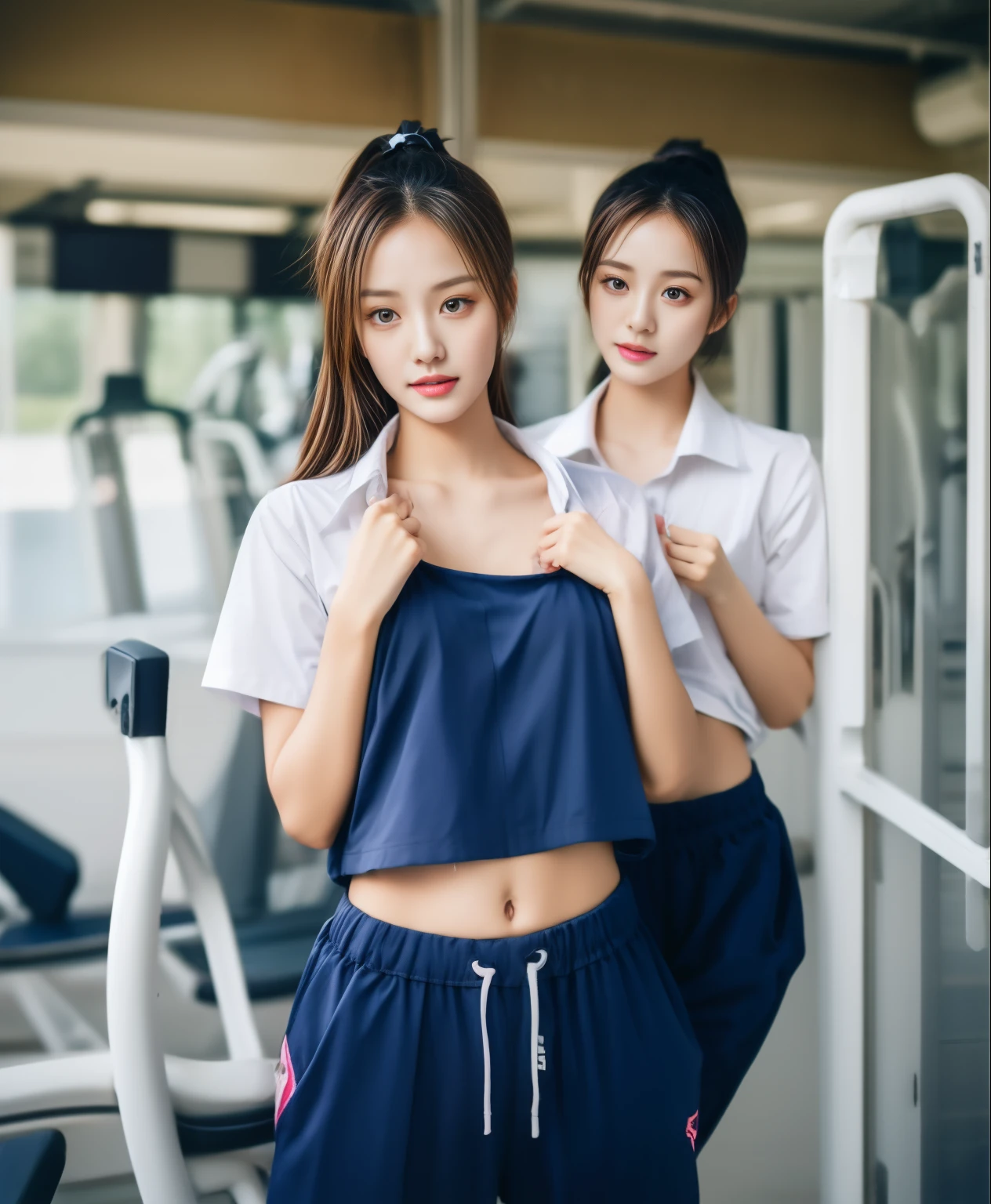 3 girls in fitness center, Navy blue short-sleeved shirt,Navy Long Trackpant,Sweatpants, Sweatpantsขายาว,25 year old girl, lesbian, sexy, exercise clothes, wet body, exercise clothes