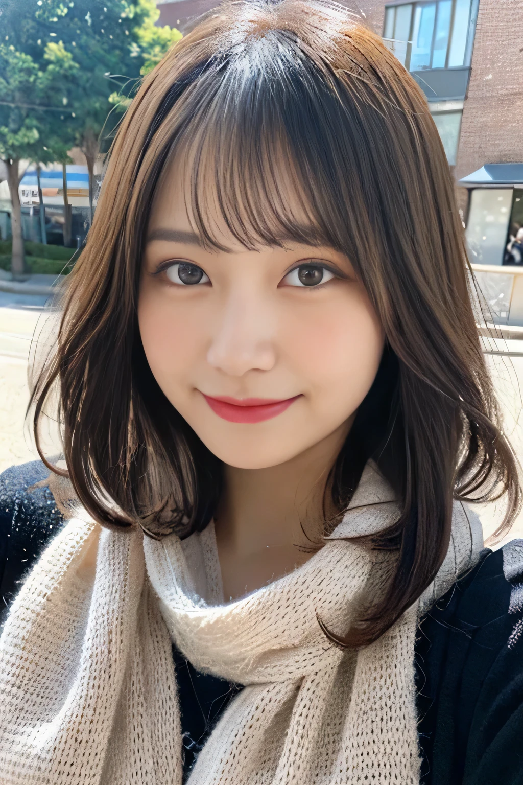 ((no makeup))、(realistic、Photoreal、Super detailed、best detailed skins、highest quality、masterpiece、ultra high resolution)、cute japanese woman、、high school girl、young girl、1 girl、have bangs、double eyelid、drooling eyes、big black eyes、Charm、purity、cute smile、natural smile、watch here、realistic肌タイプ、thick muffler、fluffy hair、((hair is inside the scarf))、red cheeks、the wind is blowing、that&#39;It&#39;s snowing、illumination、Light is coming in from behind、medium bob cut