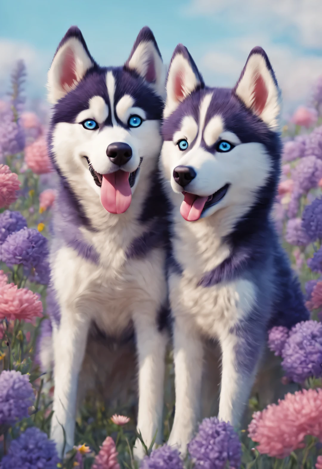 Two huskies standing upright on their hind legs，Hugging each other in a field full of flowers.Front view. One has realistic purple fur,The other one has blue fur. Pixar,hapiness的, brisk, whimsical, pastel colors, soft light, dreamlike,Very detailed, complex, art station, Trends on social media, Lovely, Lovely, hapiness, hapiness, playful. 