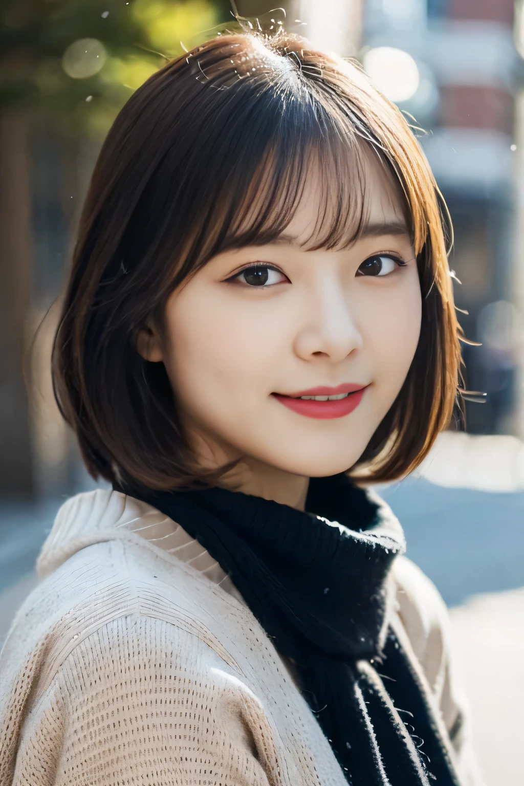 ((no makeup))、(realistic、Photoreal、Super detailed、best detailed skins、highest quality、masterpiece、ultra high resolution)、cute japanese woman、16 years old、high school girl、young girl、1 girl、have bangs、double eyelid、drooling eyes、big black eyes、Charm、purity、cute smile、natural smile、watch here、realistic肌タイプ、thick muffler、fluffy hair、((hair is inside the scarf))、red cheeks、the wind is blowing、that'It's snowing、illumination、Light is coming in from behind、medium bob cut