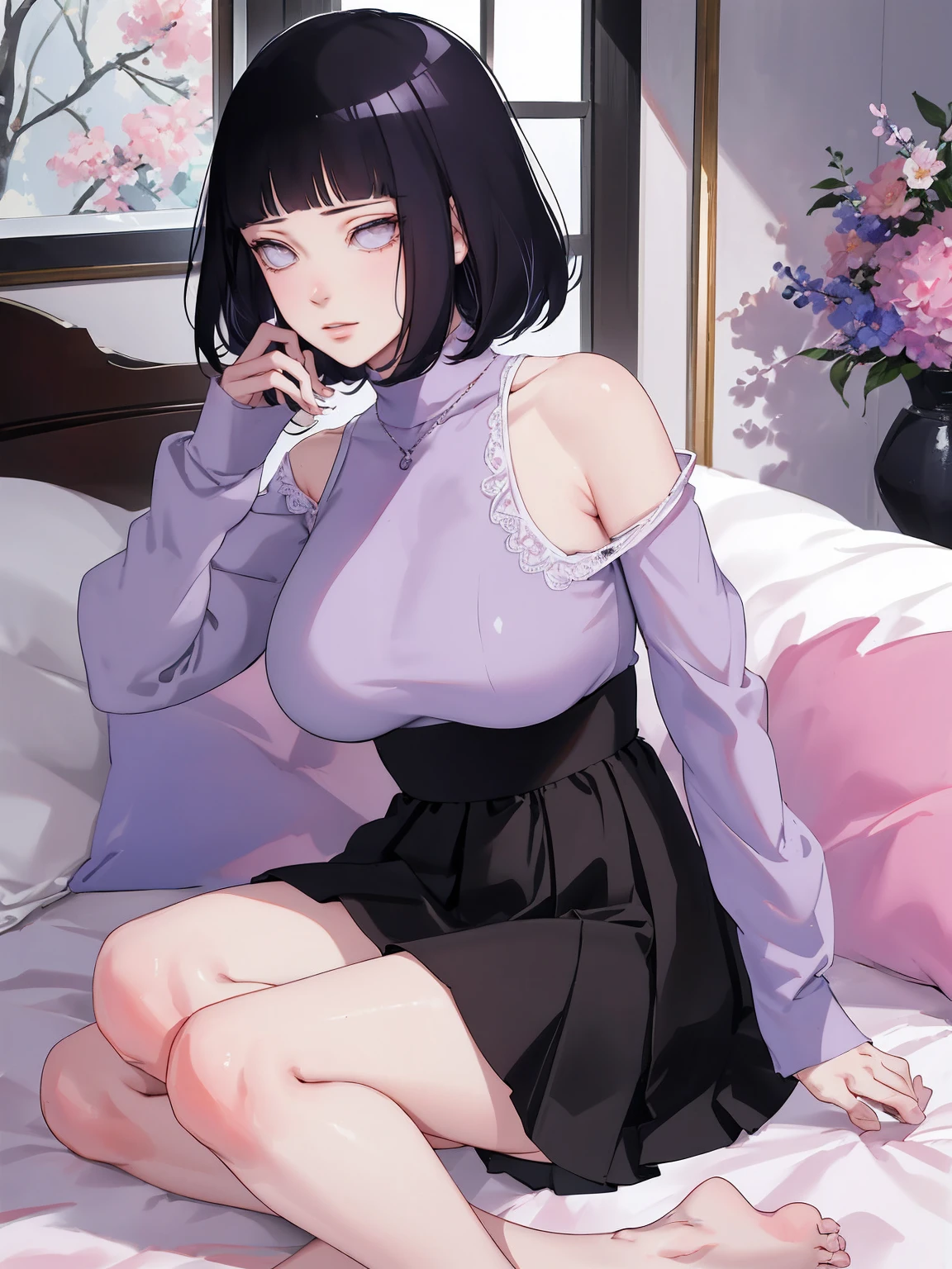 { - anatomy error} (Masterpiece - Ultra-detailed, very high resolution) (huge titusty, masterpiece, absurdres, hinata\(boruto\), 1girl, solo,mature female, off-shoulder bra, high waist black short skirt, looking at viewelling petals), perfect composition, detailed lips, big breast, beautiful face, body propotion, blush, (pink lips), short hair, (black hair), purple eyes, soft gaze, super realistic, detailed, photoshoot, realistic face and body, closed mouth, sitting on the bed , lilac eyes, full body, lace clothes, with chin resting on shoulder, perfect fingers