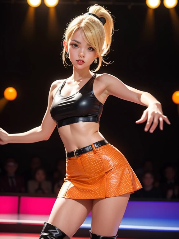 1960’s Go-Go dancers. Blonde with ponytail. Super pretty cute small orange crop top polka dotted mini skirt long black leather boots dancing style room. perfect hands, 5 fingers per hand