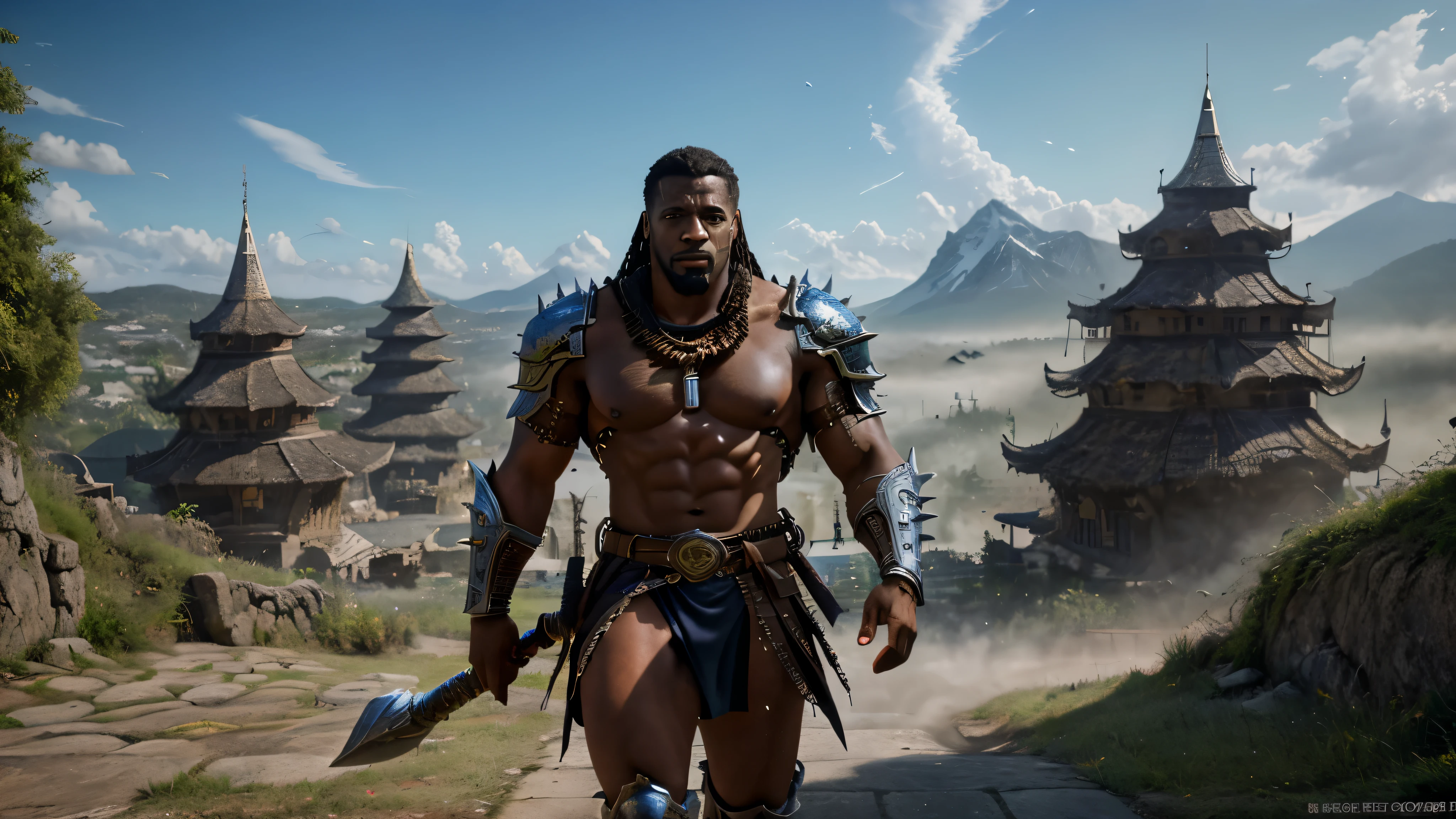 (8k, ARTISTIC photography, best quality, masterpiece: 1.2) ((best quality)), Nijistyle, medium shot, a muscular barbarian black man holding a spiked mace, is wearing owl themed armor, walking out of a blue portal into isekai fantasy society, the art and science of designing built environments, serves as a powerful predictor of health within isekai society. Its influence extends beyond aesthetics and functionality, surrounded by village, shaping various aspects of our lives, planets visible in the atmosphere, including economic stability, dragons flying around, define this idea with imagery. do not show text. create an appealing image typical of those shown on the front page of a world renowned magazine., each with unique architecture and culture, beauty light, Glitchart, 64K, high detail