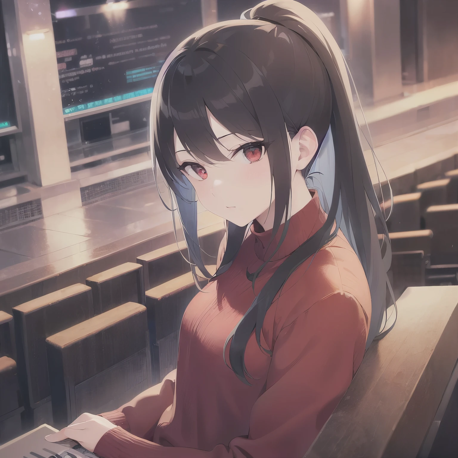 high quality、masterpiece、(cinematic angle:1.2), Upper Body, shiny skin, japanese idol、shiny hair、(25 year old woman with black bangs) and (ponytail) and (red eyes), wearing a long-sleeved red shirt, confused, The background is movie theater seats、sitting