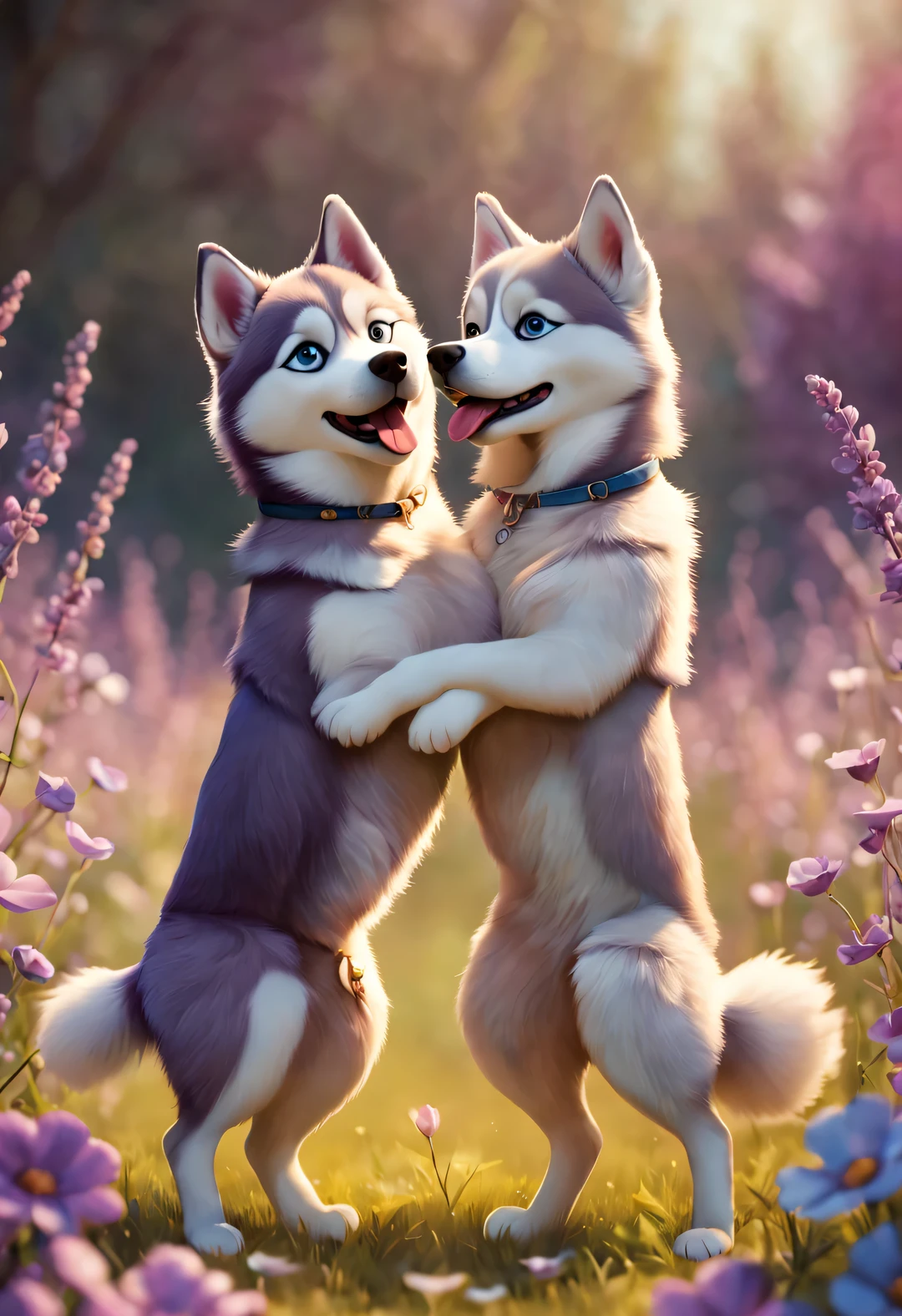 Two huskies standing upright on their hind legs,Hugging each other in a field full of flowers.Front view. One has realistic purple fur,The other one has blue fur. Pixar,hapiness的, brisk, whimsical, pastel colors, soft light, dreamlike,Very detailed, complex, art station, Trends on social media, Lovely, Lovely, hapiness, hapiness, playful. --There are 4:7 --iw 1 --q 2 --s 750 --v 5.1
