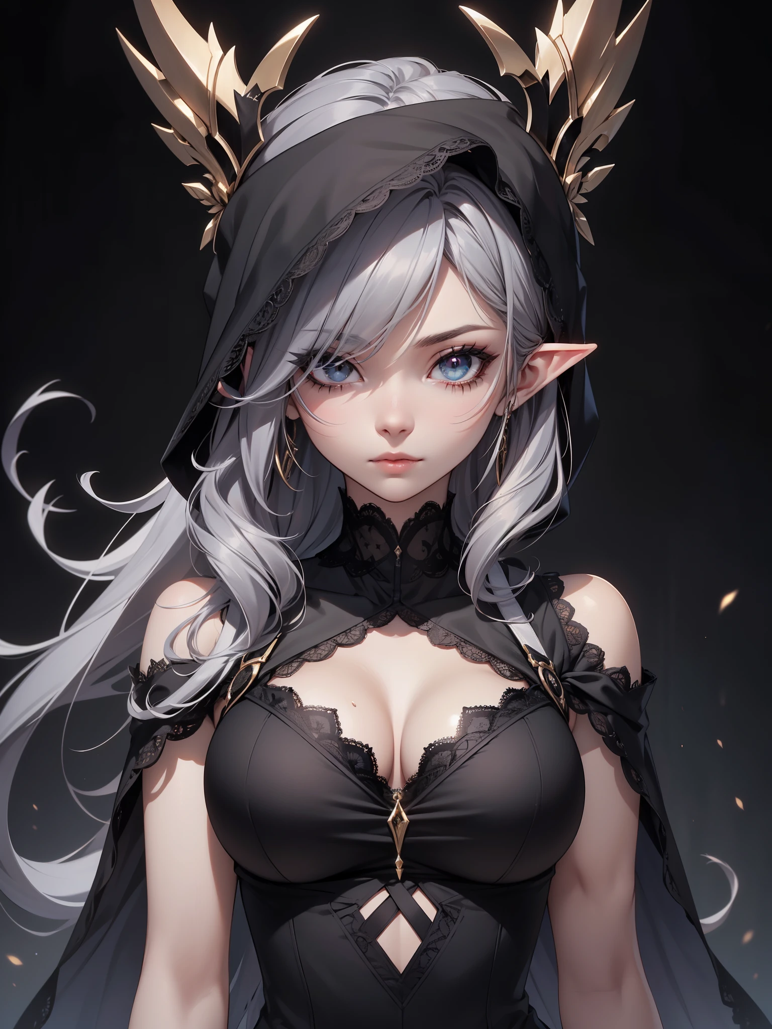 White elf girl, dark grey hair color, very long flowing hair, grey eye color, small eyes, realistic human eye shape, round eye shape, eyeliner, realistic face shape. black lace low cut lace shirt, portrait, wearing a black hood, black background, chest showing, NSFW, Depth of Field. looking at camera, dreamy look detailed eyes, detailed face, detailed skin, Ultra Detailed, Beautiful and Aesthetic, Masterpiece, Best Quality, shoulders showing. lace fabric, round chin shape. wearing black hood over hair. showing full upper body and face. wearing a black hood. hips showing, alot of flairs in background, zoomed out, hips exposed, black and gold. glowing, wearing a black face mask.