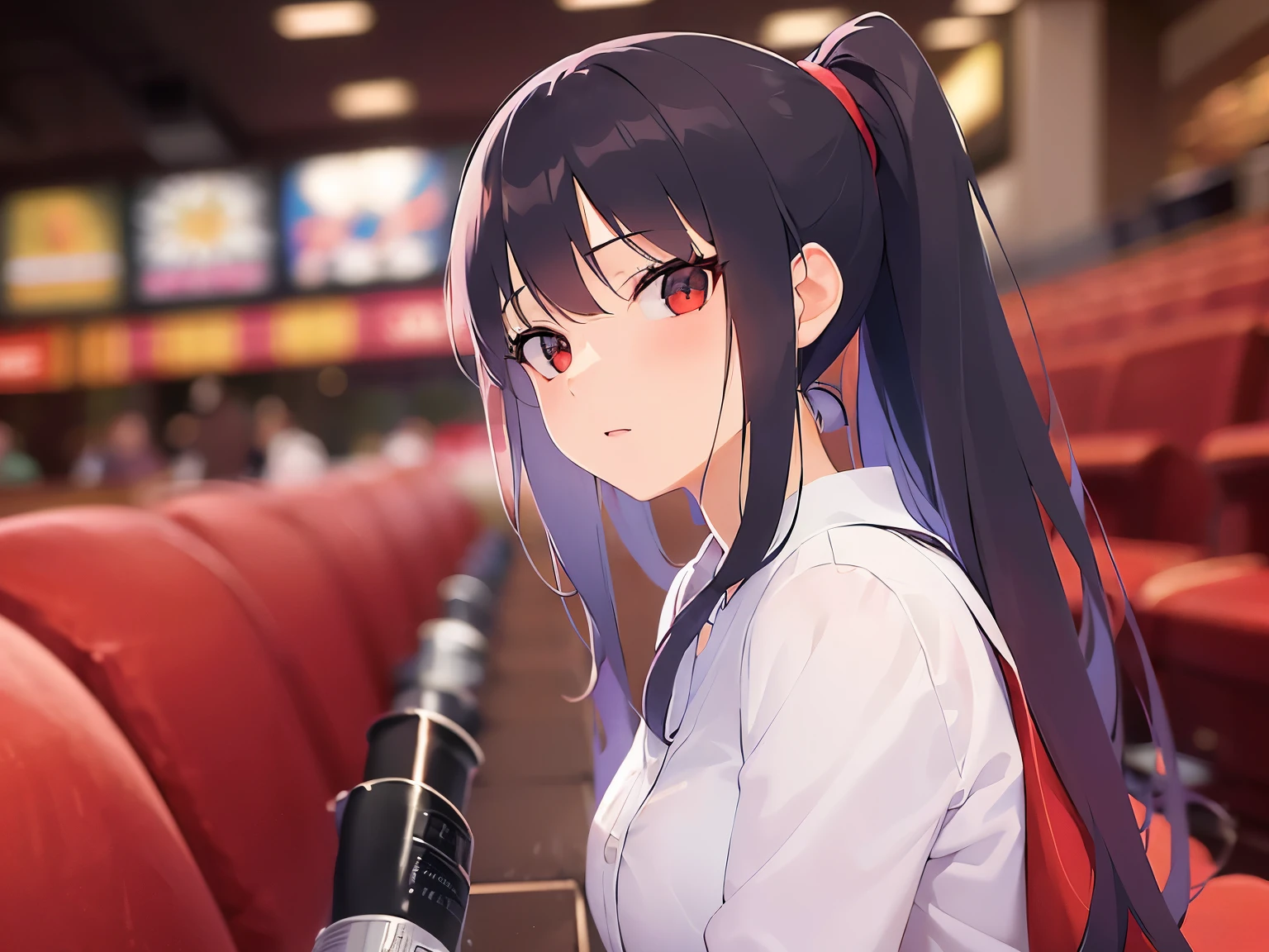 high quality、masterpiece、(cinematic angle:1.2), Upper Body, shiny skin, japanese idol、shiny hair、(25 year old woman with black bangs) and (ponytail) and (red eyes), wearing a long-sleeved red shirt, confused, The background is movie theater seats、sitting