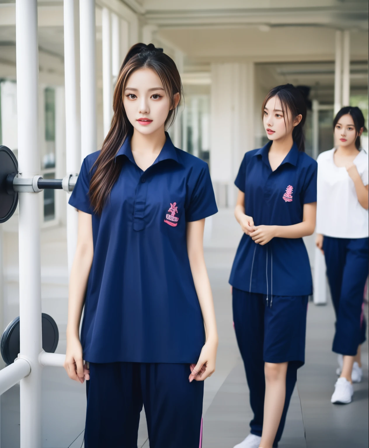 3 girls in fitness center, Navy blue short-sleeved shirt,Navy Long Trackpant,Sweatpants, Sweatpantsขายาว,25 year old girl, lesbian, sexy, exercise clothes, wet body, exercise clothes