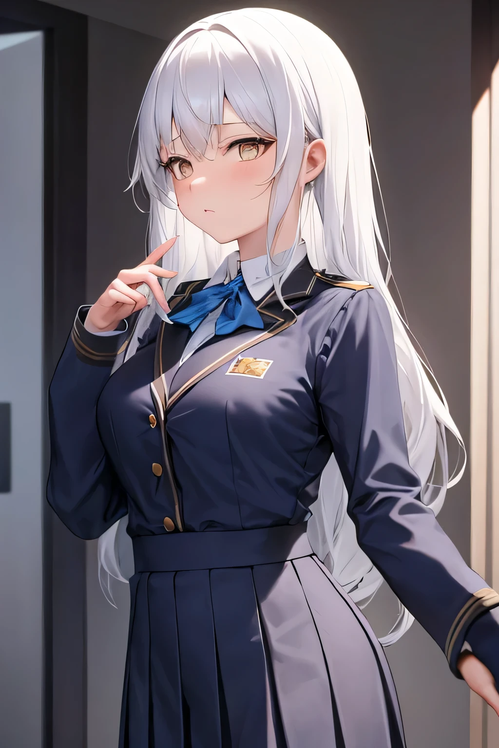 two-dimensional，student，woman，dark blue school uniform，white hair，white eyes，Beautifully，precise，human nature，high resolution，8k