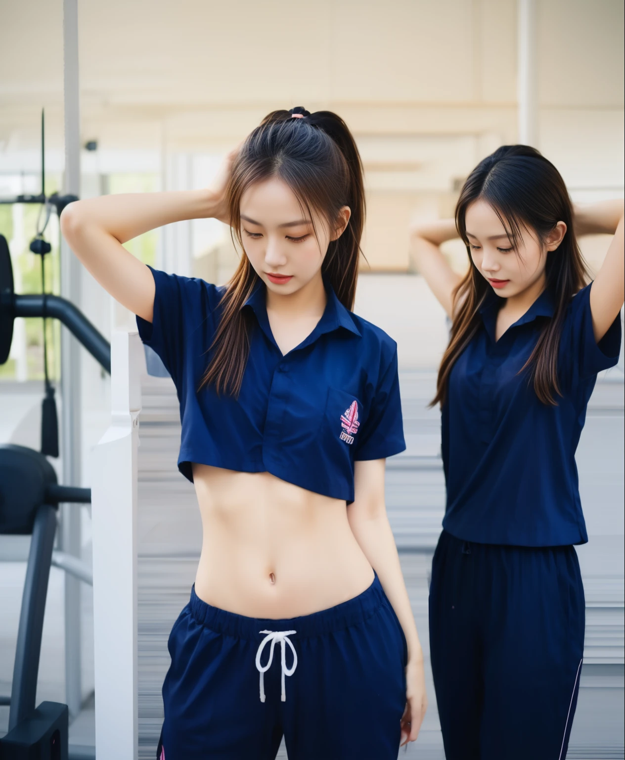 3 girls in fitness center, Navy blue short-sleeved shirt,Navy Long Trackpant,Sweatpants, Sweatpantsขายาว,25 year old girl, lesbian, sexy, exercise clothes, wet body, exercise clothes