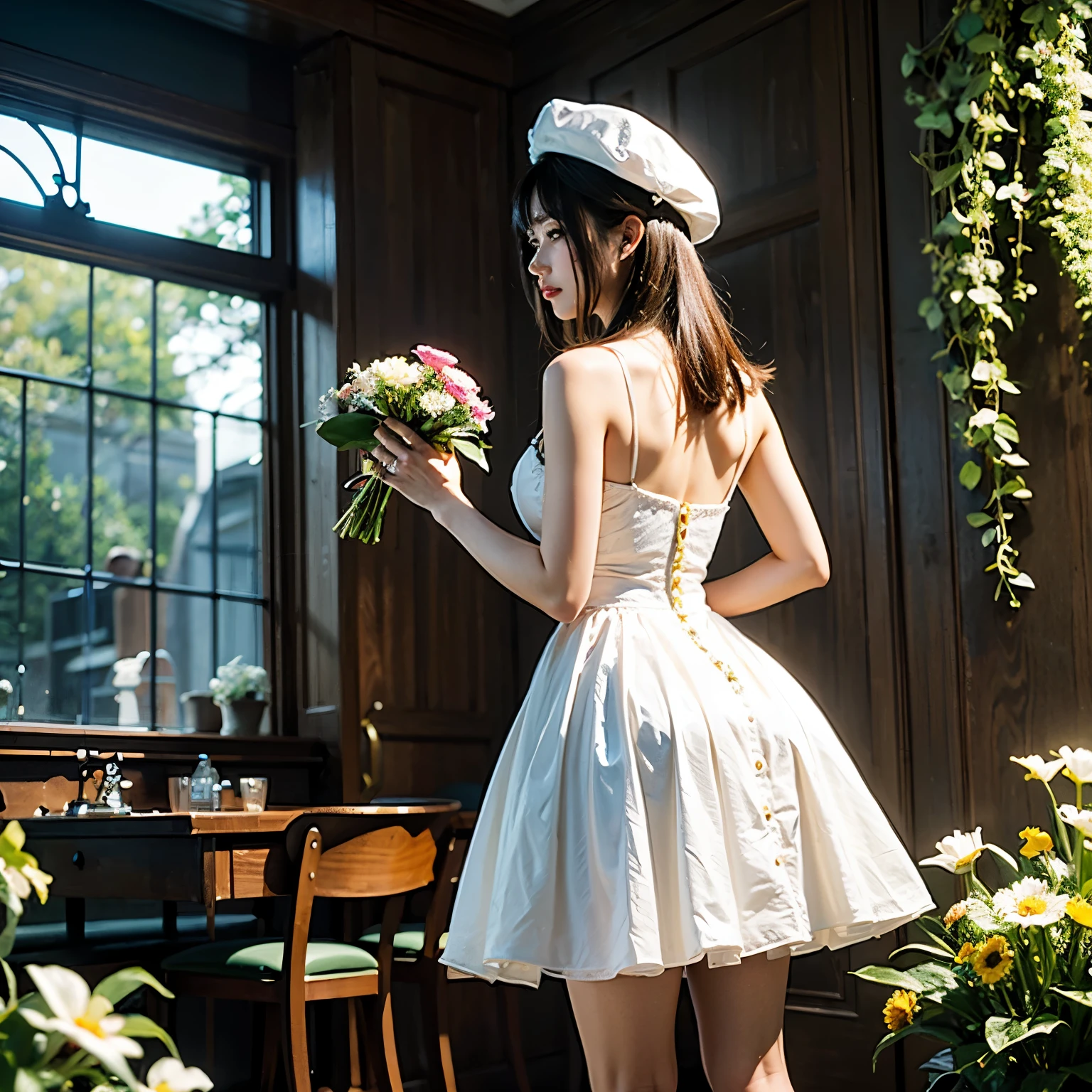 (((masterpiece))), (((best quality))), ((ultra-detailed)), (highly detailed CG illustration), ((an extremely delicate and beautiful)),cinematic light,((1mechanical girl)),realistic, a girl wearing a yellow floral patterned dress, standing in a flower garden, ((half robot body)), long hair, wearing a hat, with her back to the camera, pose smelling flowers in her hand, hd, complicated, detailed, full body