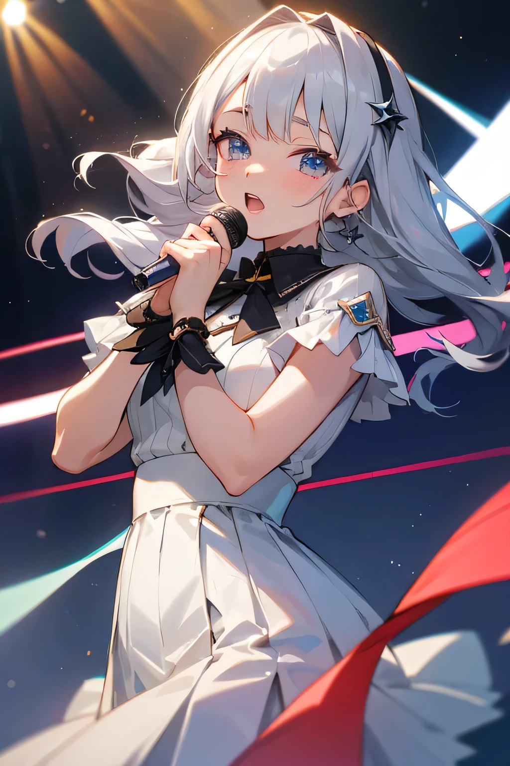 (masterpiece、highest quality)、VTUBER idols are singing songs、facing the front、silver hair