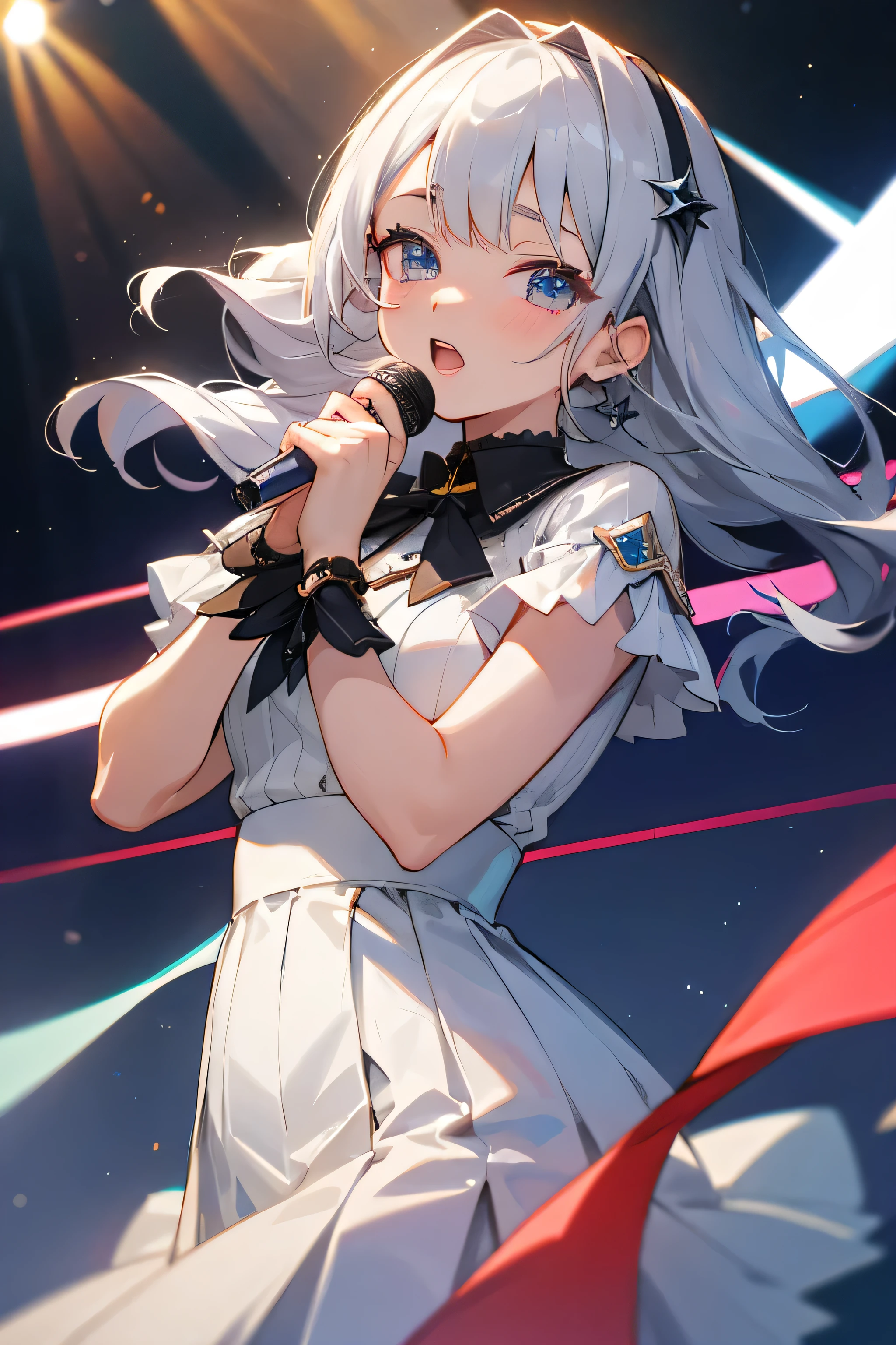 (masterpiece、highest quality)、VTUBER idols are singing songs、facing the front、silver hair