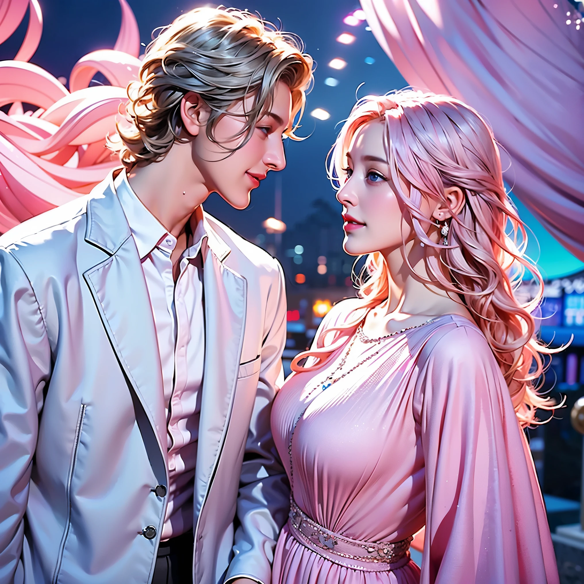 amusement park, simple white clothes, happy smile amusement park scenery park, walking hand in hand. man, man, young, boy, short hair, blonde hair, man near woman)) woman, curly hair and long pink hair, blue eyes (woman with pink hair), two people a man and a woman) (man, male short blonde hair)