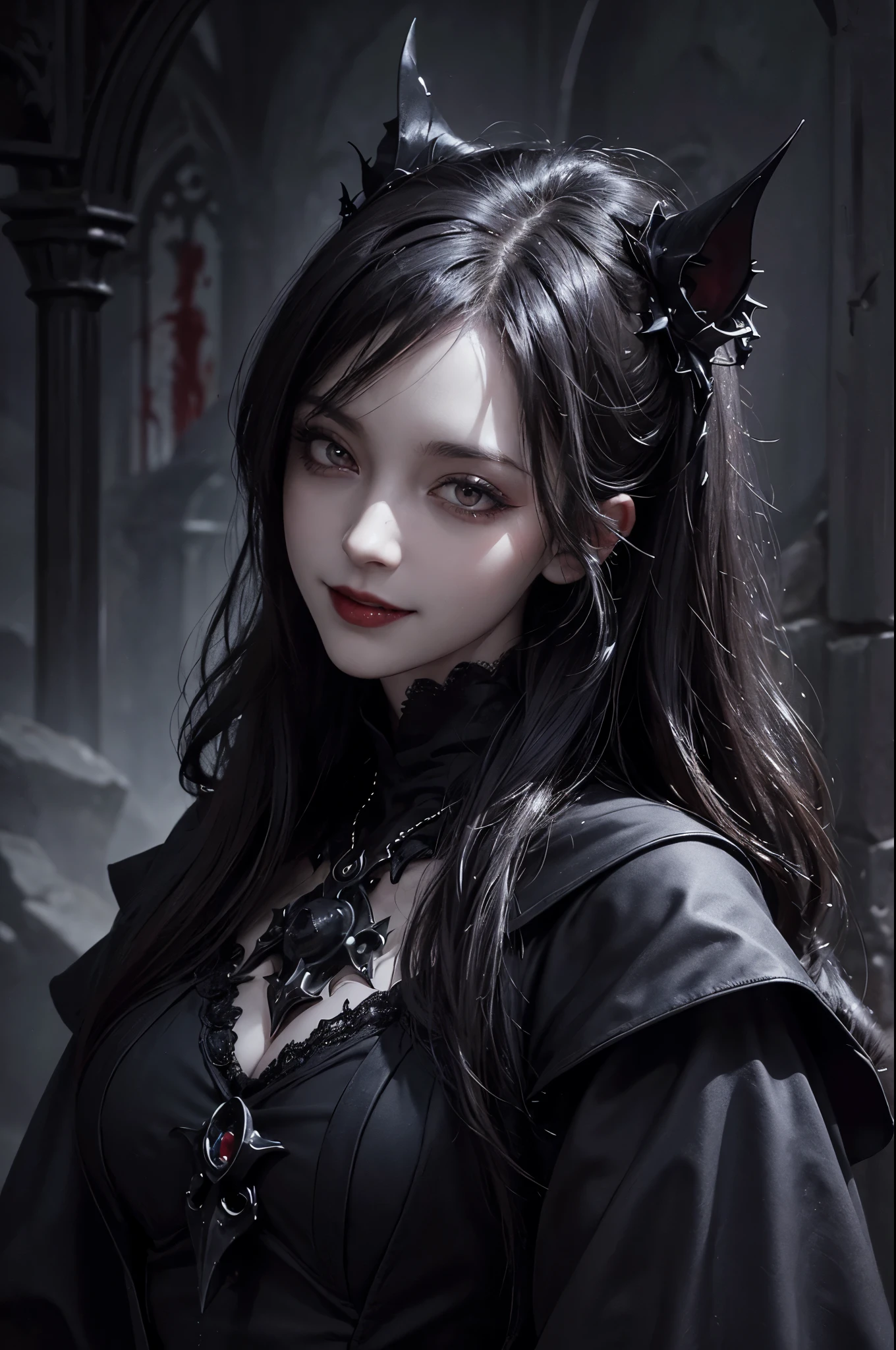 "((close up potrait)), Dark fantasy, gothic style, beautiful vampire queen, wearing a gothic-style dress, (with a bloodthirsty smile and blood on the face and body), and a blood moon in the background. The scene is set in a gothic castle with lots of shadow small bats, emphasizing the pale skin and glowing eyes."