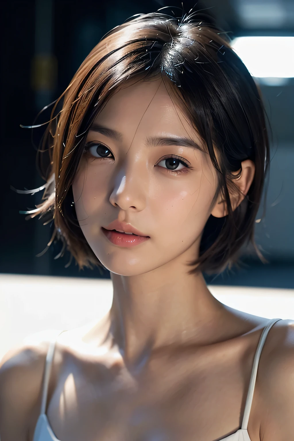 ８ｋ、High resolution、high nose、narrow eyes、skinny、no makeup、the face you show to your lover、sexy eyes、white skin、transparent skin、slimming、wrinkles around the eyes、Vertical plane、transparent skin、、short hair、shiny hair、Fashion Model、small breasts、light that illuminates the front of the face、look at the camera、Eyes of the Upper Eye、Travel Photography