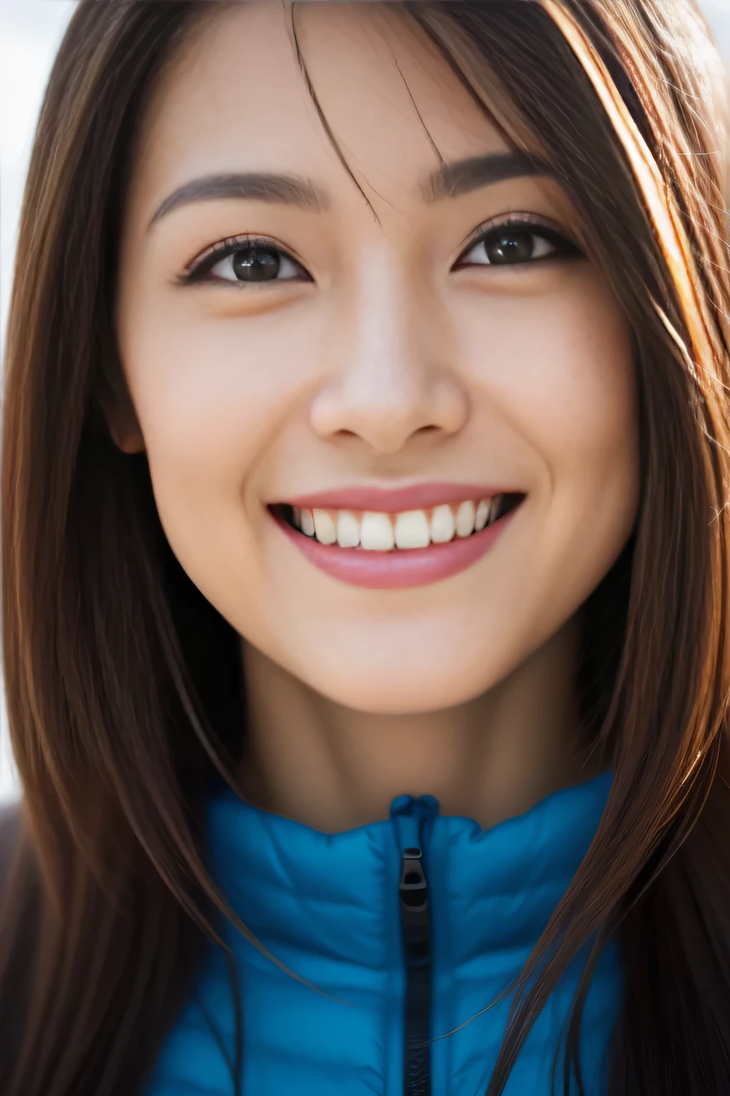The face is a hostess、(1 beautiful woman、close up of face)ski wear、high quality、surreal、healthy、smile、Perfect slender figure、beauty of japan、beautiful eyes、perfect face、beautiful skin、Ski resort